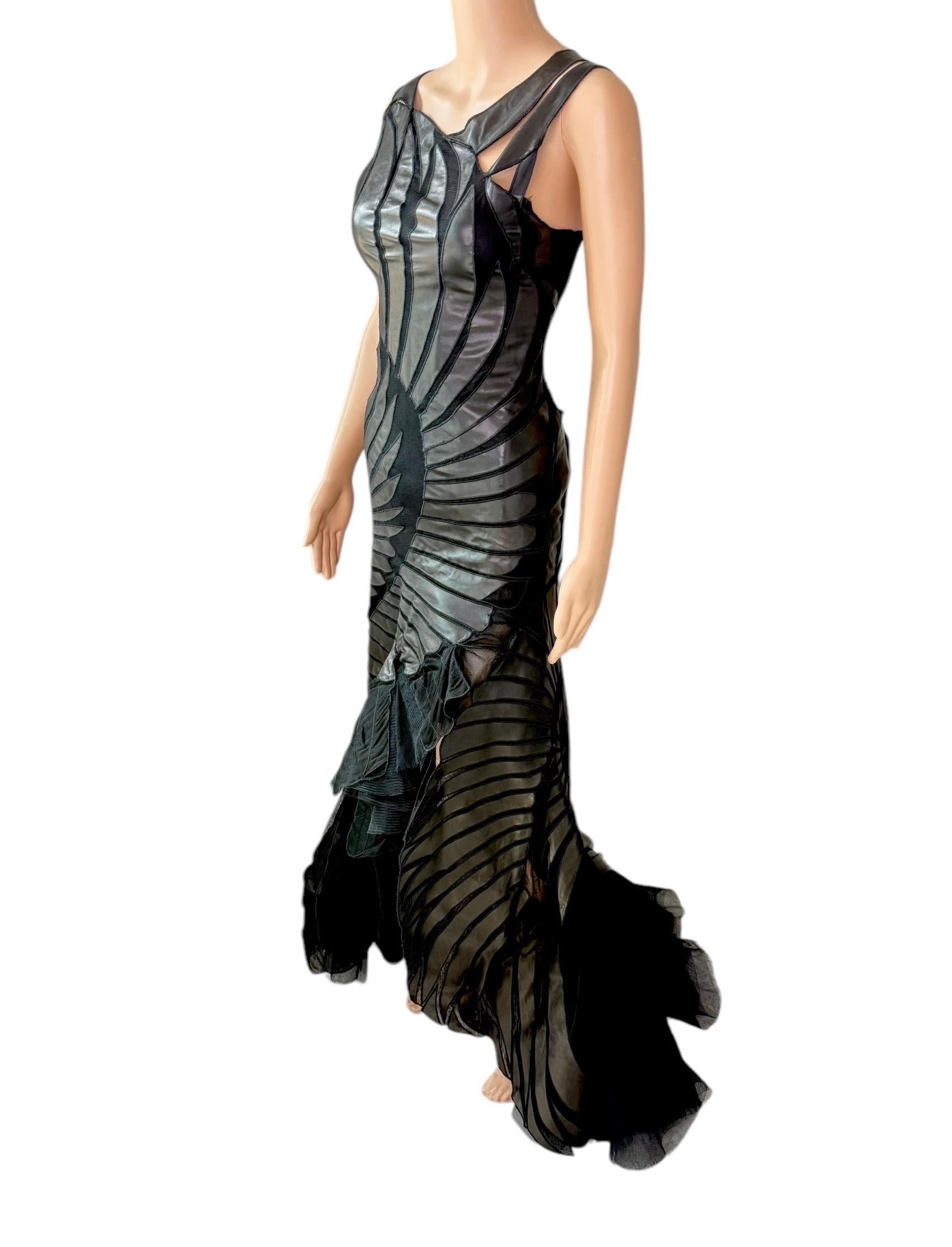 Roberto Cavalli F/W 2003 Runway Leather Sheer Mesh Black Evening Dress Gown For Sale 3