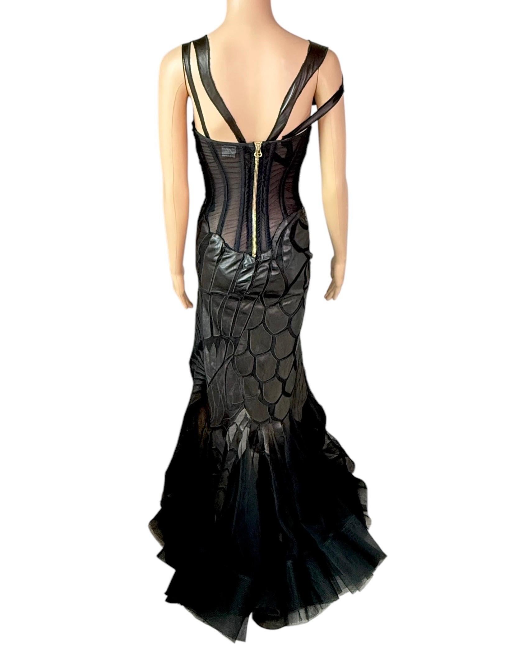Roberto Cavalli F/W 2003 Runway Leather Sheer Mesh Black Evening Dress Gown For Sale 4