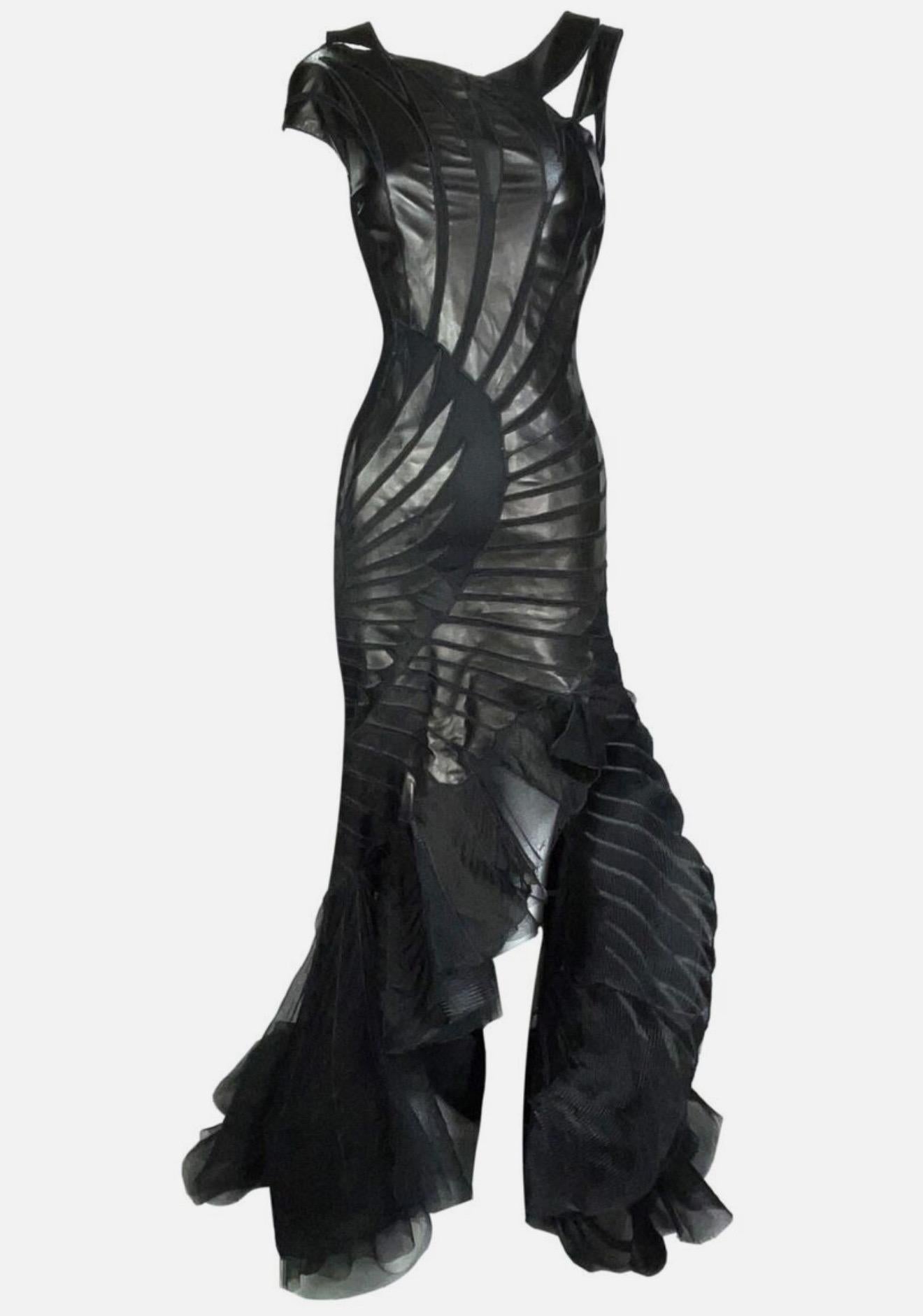 Roberto Cavalli F/W 2003 Runway Leather Sheer Mesh Black Evening Dress Gown For Sale 5
