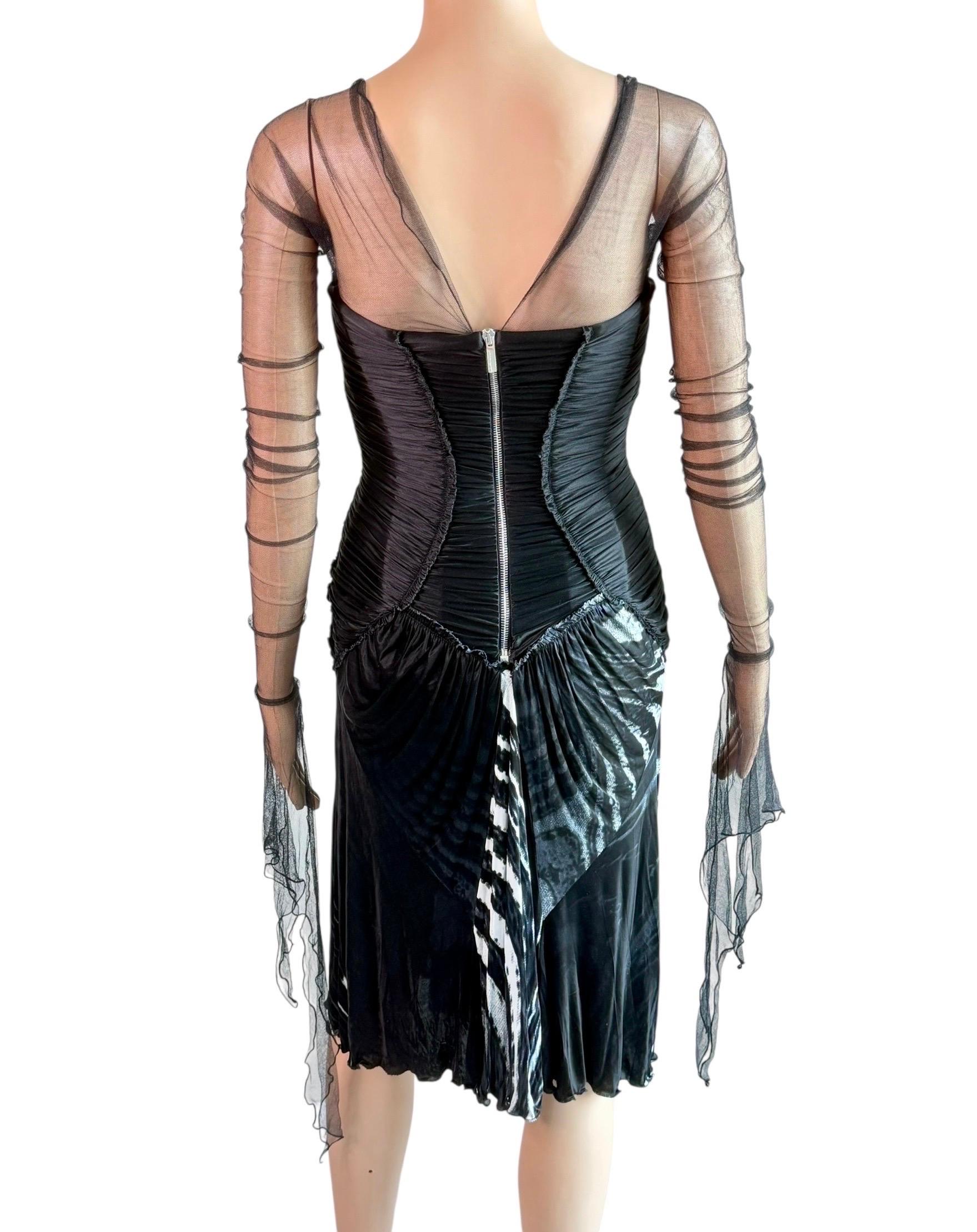 Roberto Cavalli F/W 2003 Laufsteg Ungetragenes durchsichtiges Mesh Bustier Tiefes gerafftes Kleid (Schwarz) im Angebot