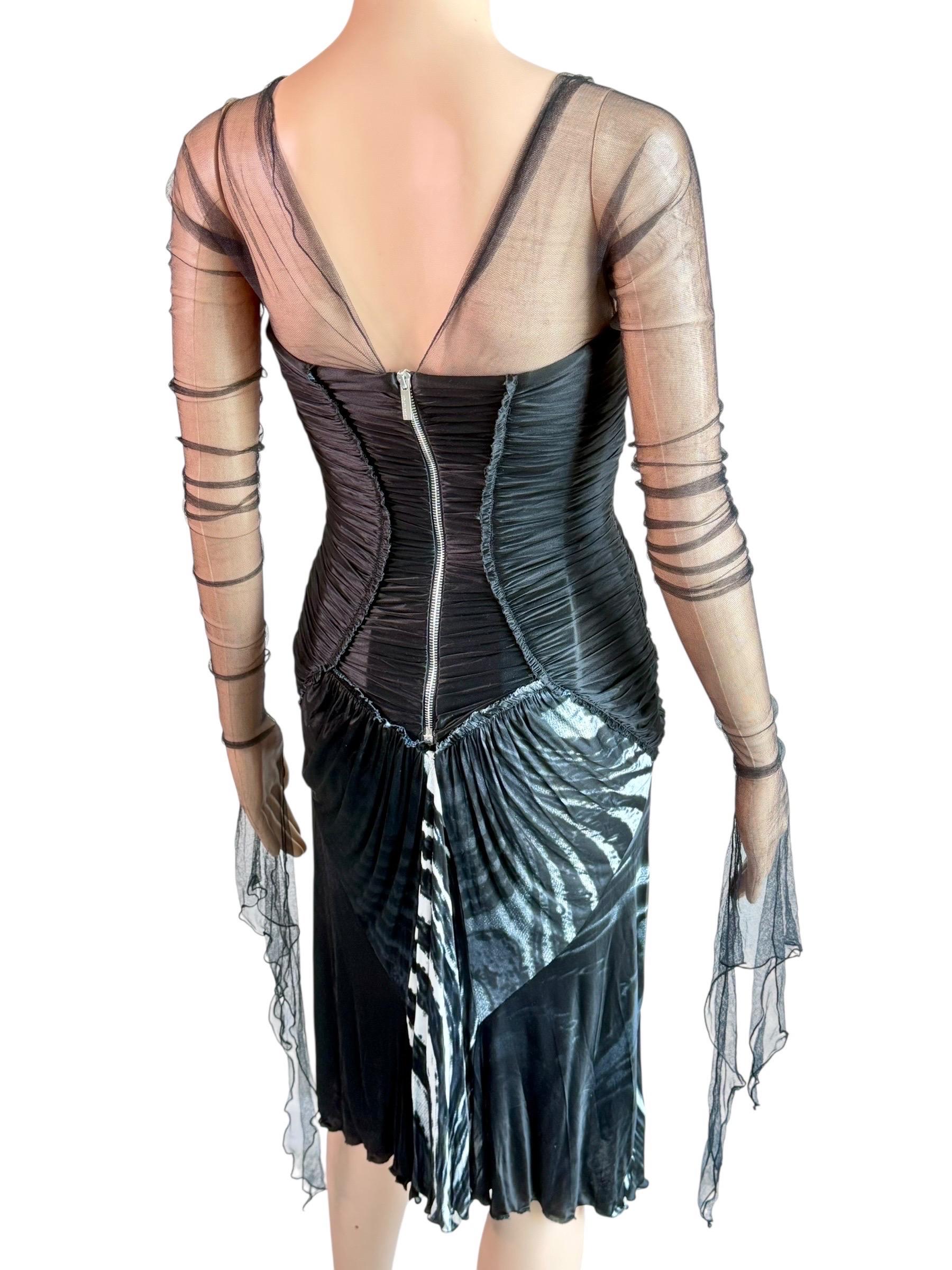 Roberto Cavalli F/W 2003 Laufsteg Ungetragenes durchsichtiges Mesh Bustier Tiefes gerafftes Kleid Damen im Angebot