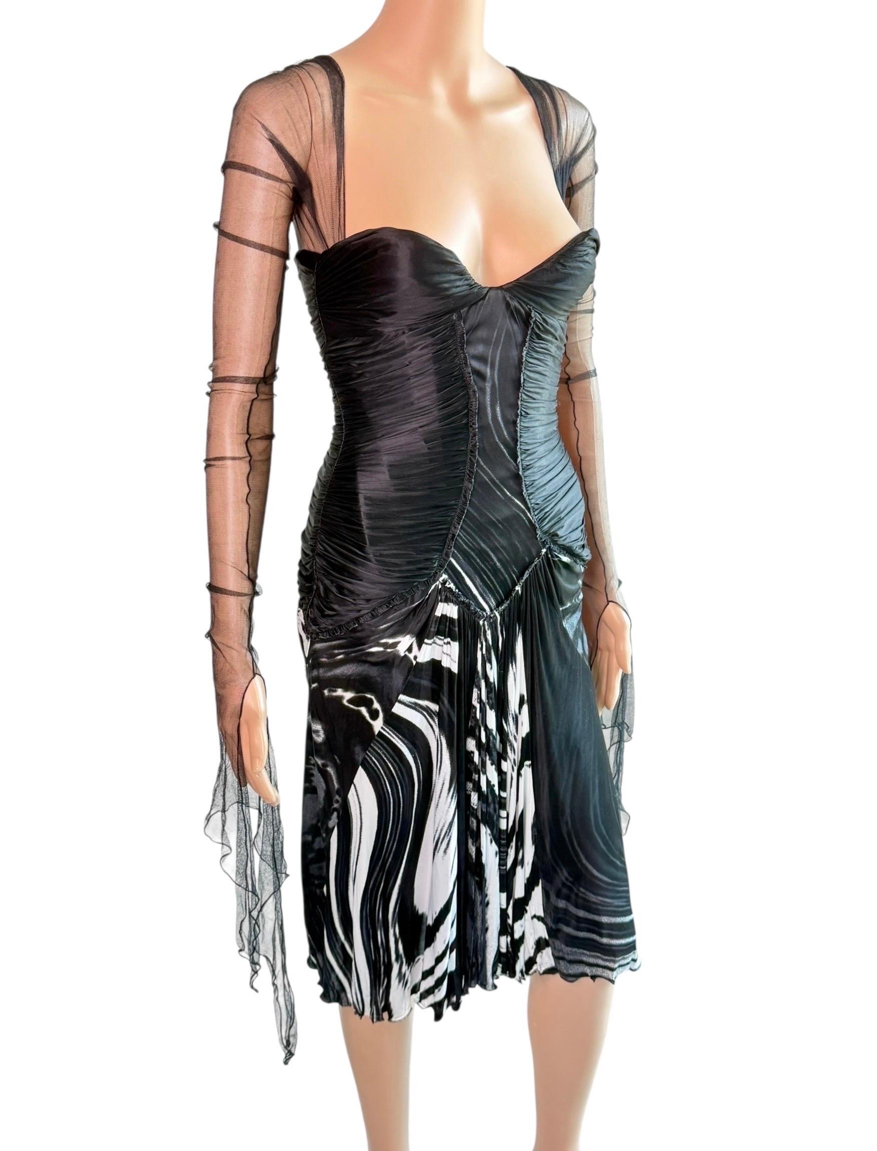 Roberto Cavalli F/W 2003 Laufsteg Ungetragenes durchsichtiges Mesh Bustier Tiefes gerafftes Kleid im Angebot 3