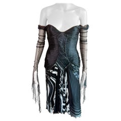 Roberto Cavalli F/W 2003 Runway Unworn Sheer Mesh Bustier Plunging Ruched Dress