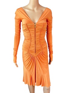 Roberto Cavalli F/W 2003 Runway Zipper Plunging Neckline Ruched Dress