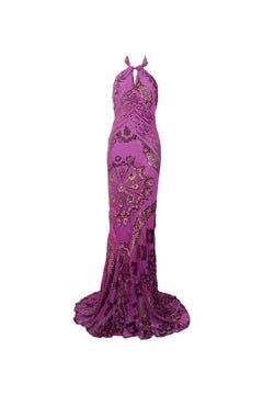 ROBERTO CAVALLI F/w 2004 Baroque Purple Embroidered Halter Gown NWT