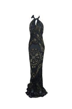 ROBERTO CAVALLI F/w 2004 Black And Gold Baroque Halter Evening Gown New With Tag