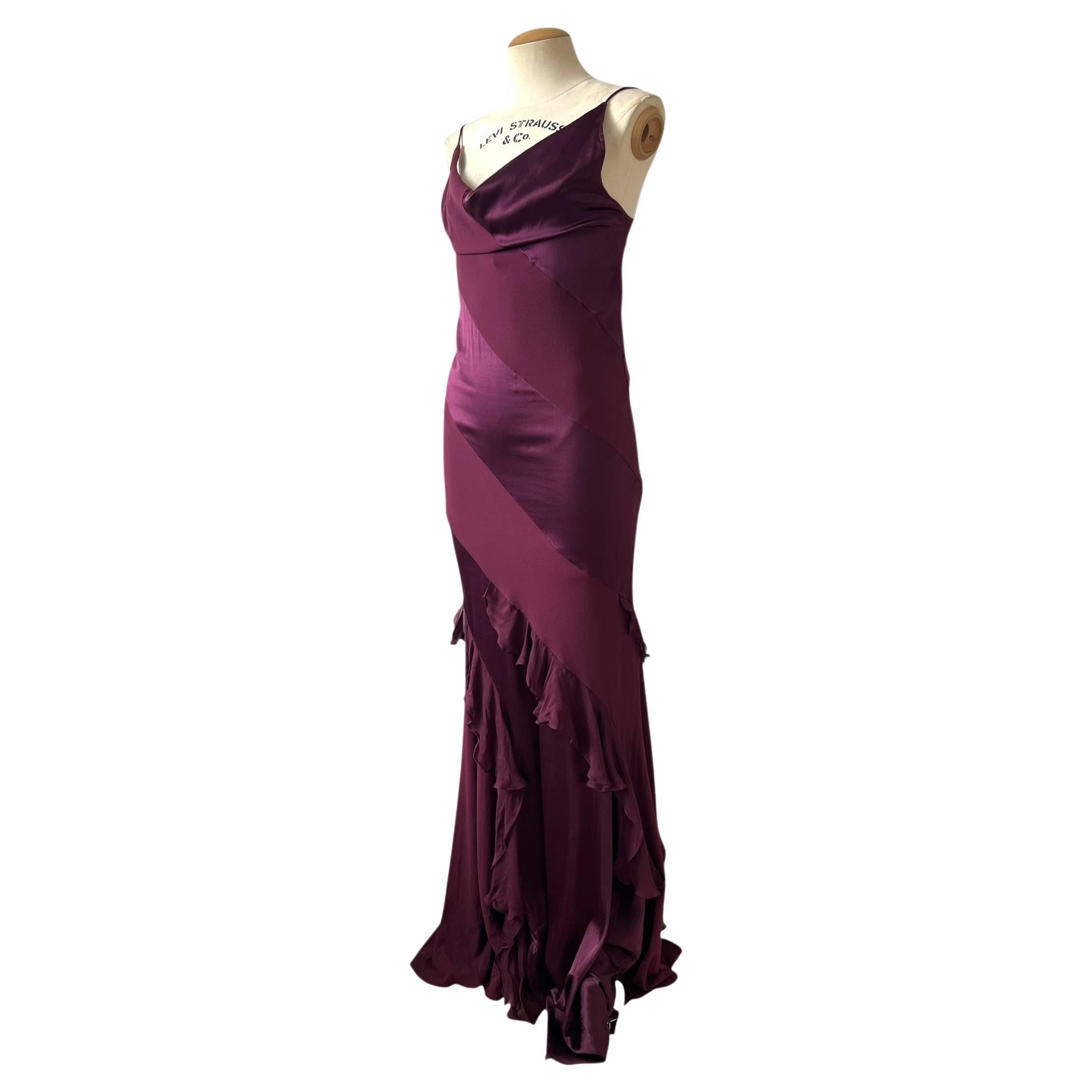 Roberto Cavalli F/W 2004 Maxi vestido de noche de seda rojo burdeos