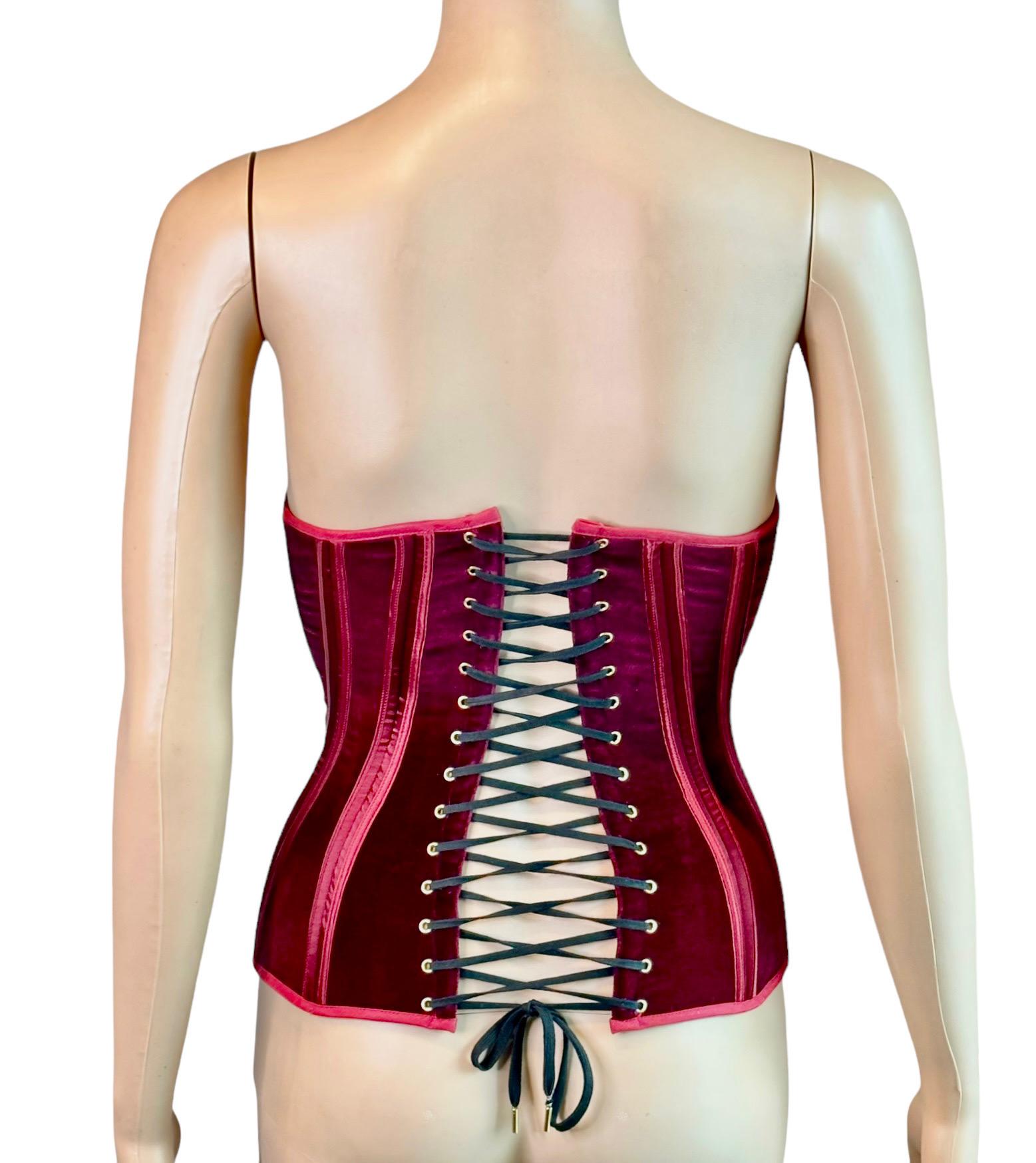 Roberto Cavalli F/W 2004 Bustier Lace-Up Corset Colorblock Velvet Top In Excellent Condition For Sale In Naples, FL