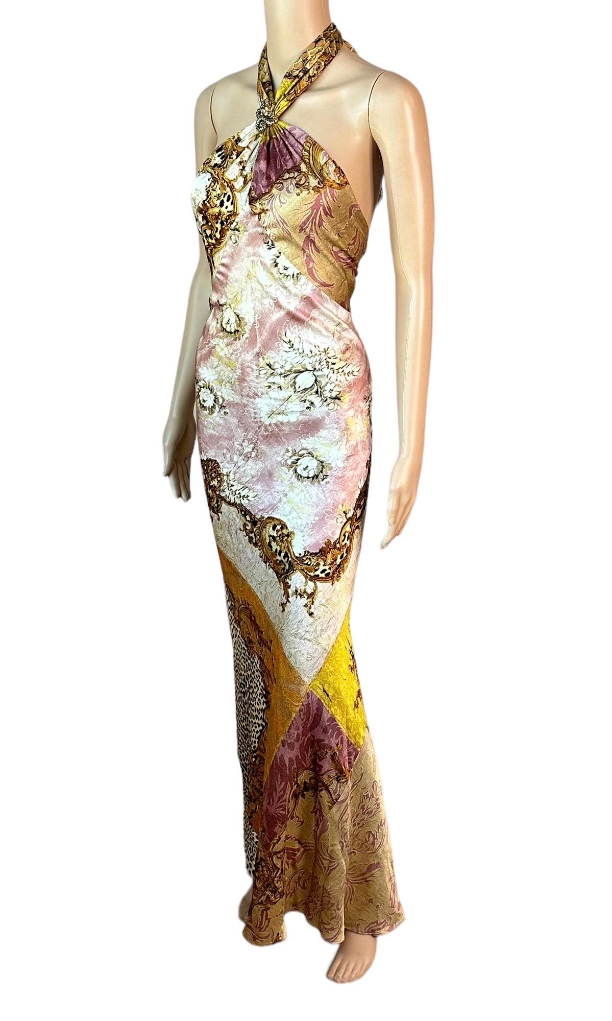 Beige Roberto Cavalli F/W 2004 Embellished Halter Bias Cut Silk Slip Maxi Dress  For Sale