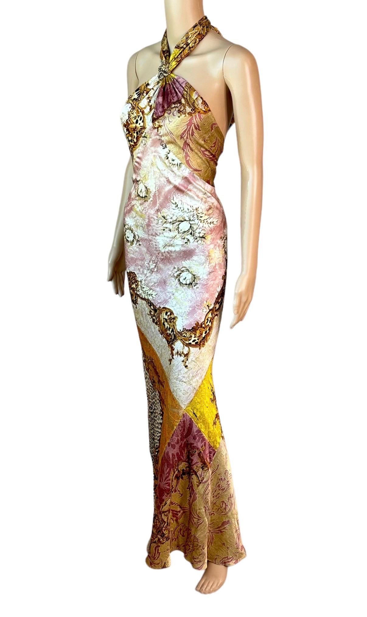 Roberto Cavalli F/W 2004 Embellished Halter Bias Cut Silk Slip Maxi Dress  In Excellent Condition For Sale In Naples, FL