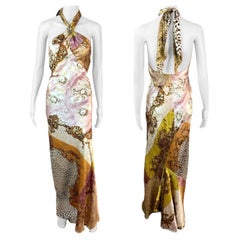 Roberto Cavalli F/W 2004 Embellished Halter Bias Cut Silk Slip Maxi Dress