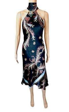 Roberto Cavalli F/W 2004 Halter Chinoiserie Print Silk Midi Dress