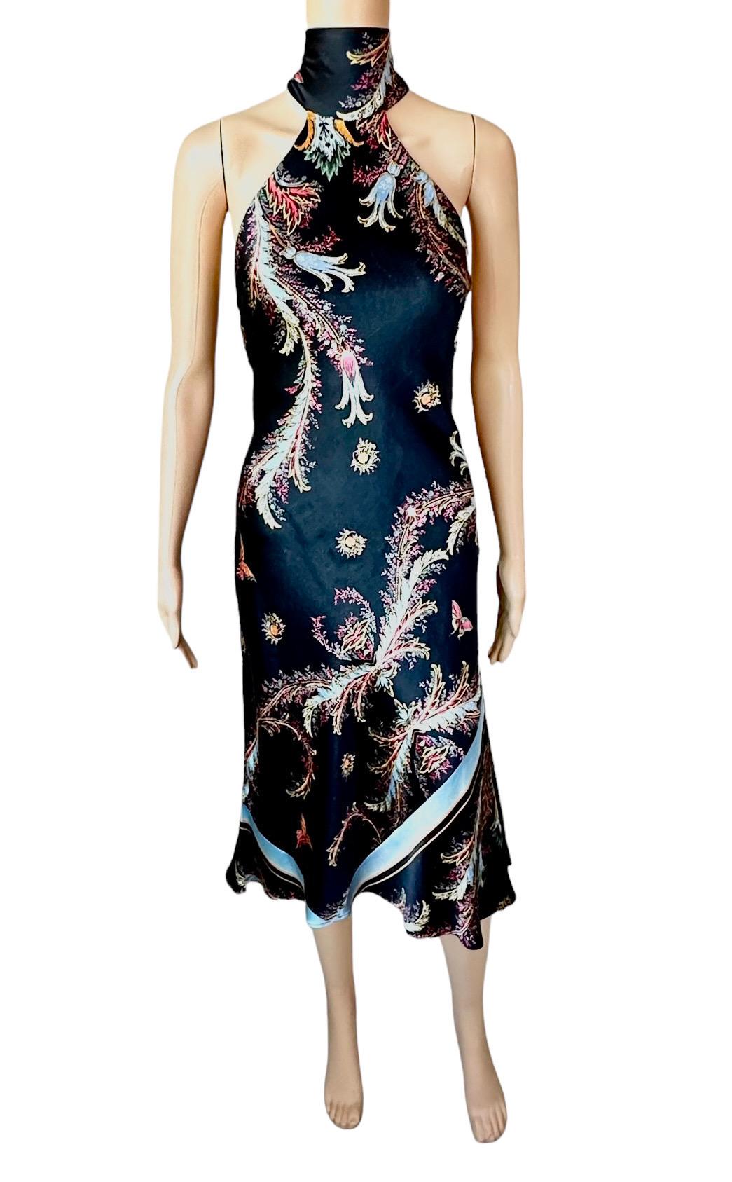 Roberto Cavalli F/W 2004 Halter Chinoiserie Print Silk Midi Dress In Good Condition For Sale In Naples, FL