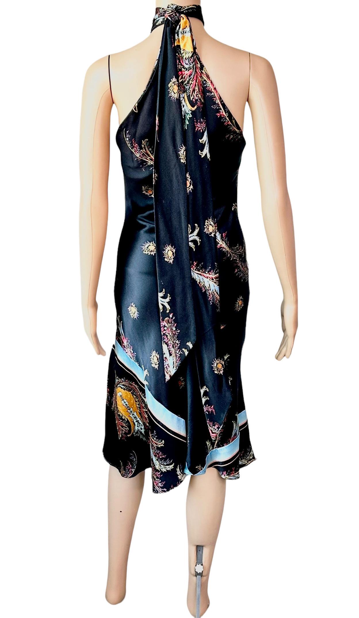 Women's Roberto Cavalli F/W 2004 Halter Chinoiserie Print Silk Midi Dress For Sale