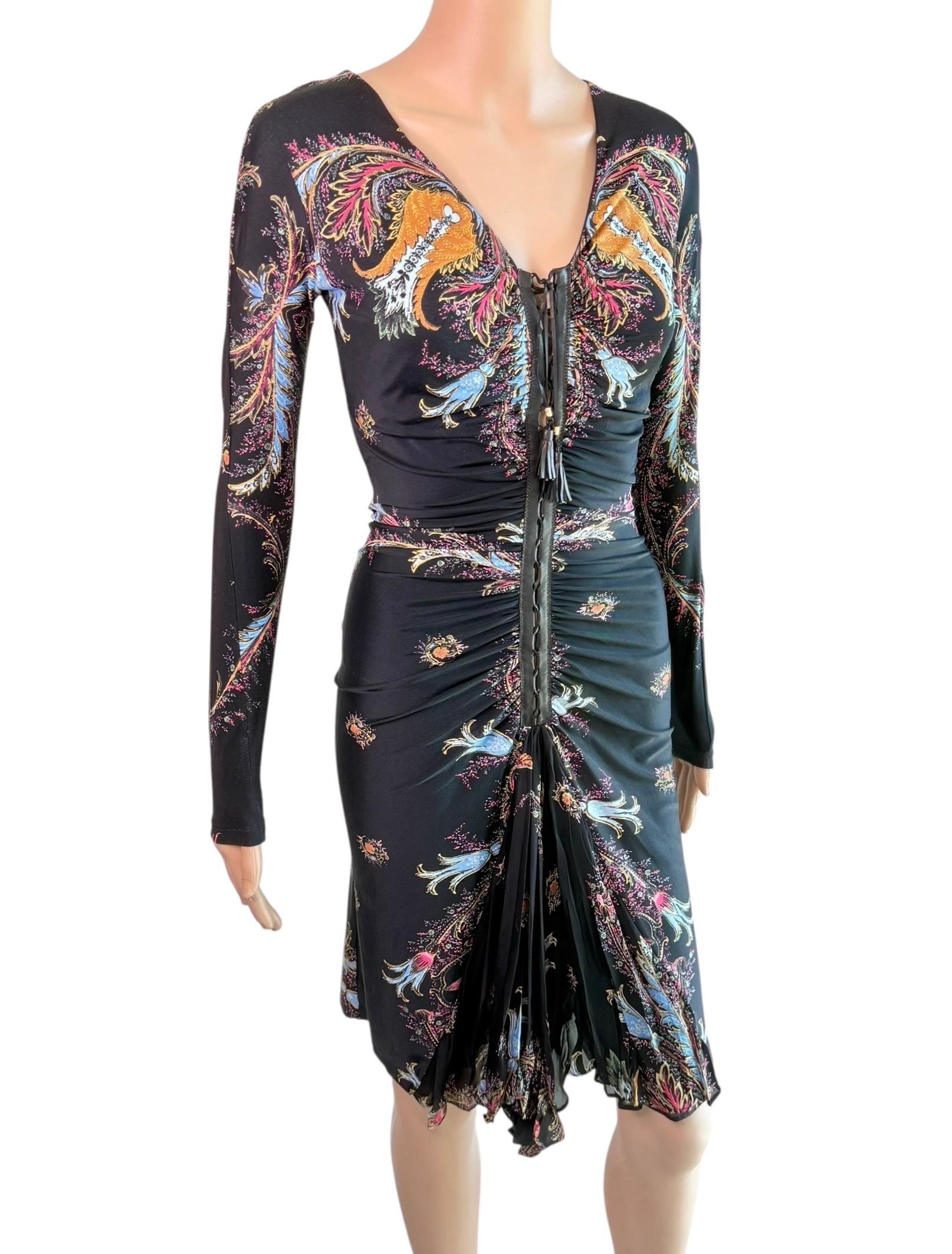 Black Roberto Cavalli F/W 2004 Leather Lace Up Plunging Ruched Dress For Sale