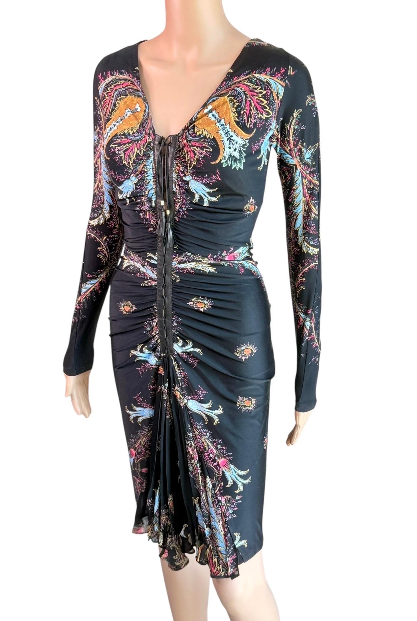 Women's Roberto Cavalli F/W 2004 Leather Lace Up Plunging Ruched Dress For Sale