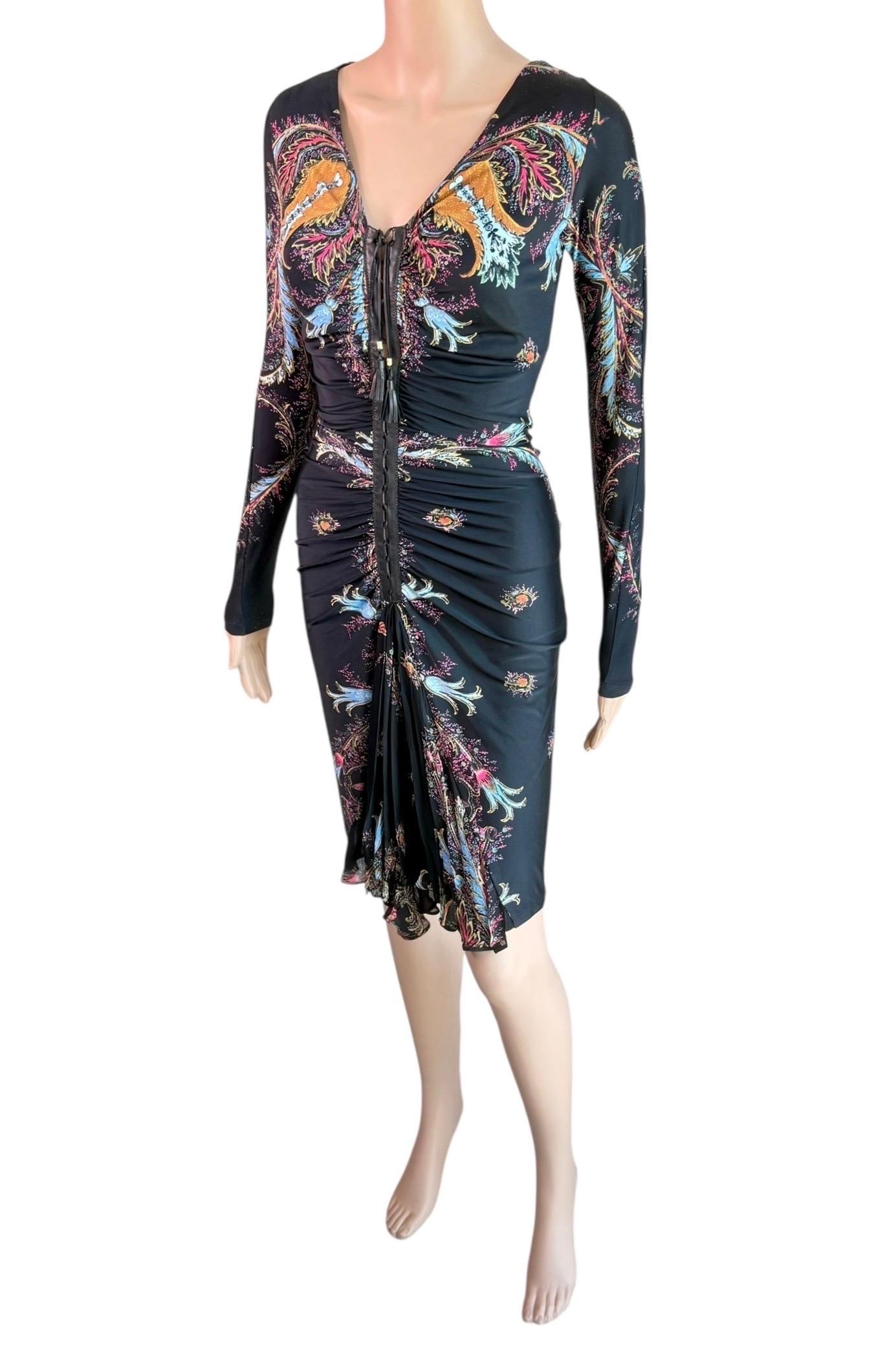 Roberto Cavalli F/W 2004 Leather Lace Up Plunging Ruched Dress For Sale 4