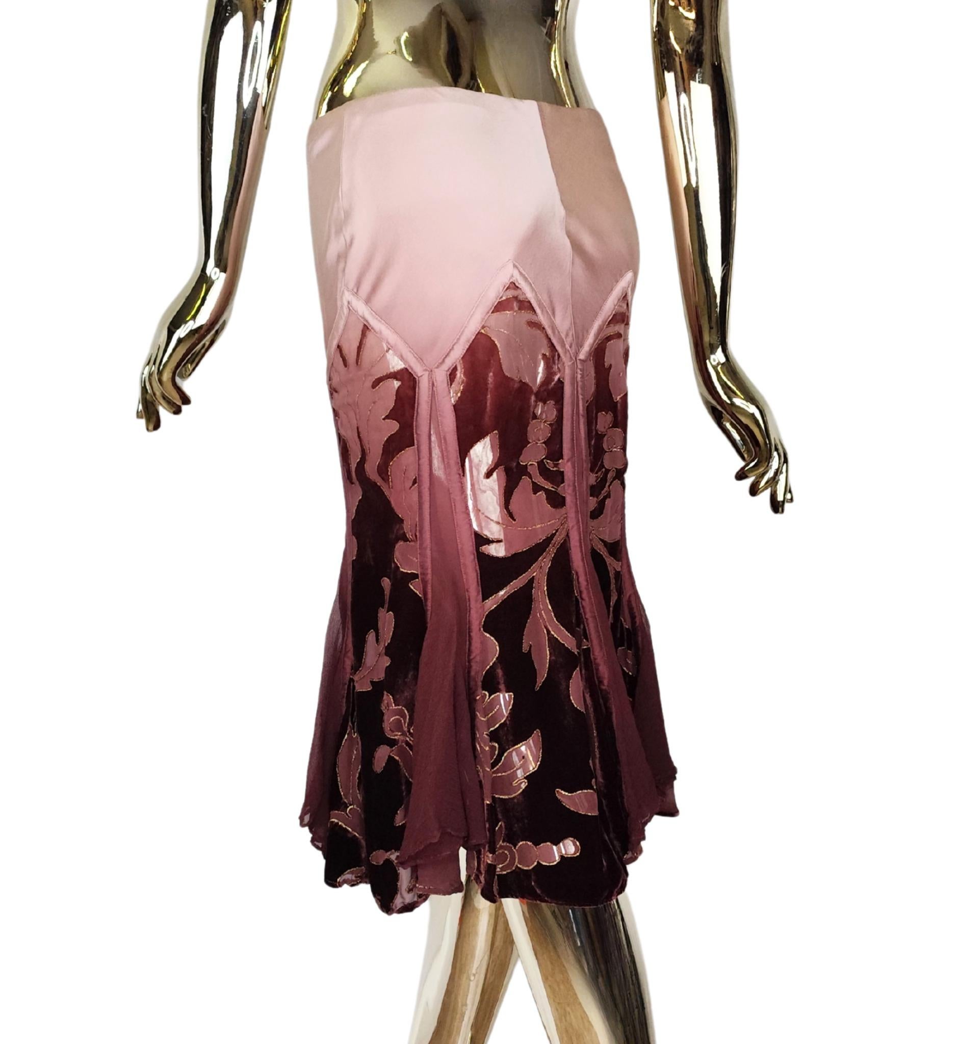 Brown Roberto Cavalli F/W 2004 pink silk and velvet embroidered skirt