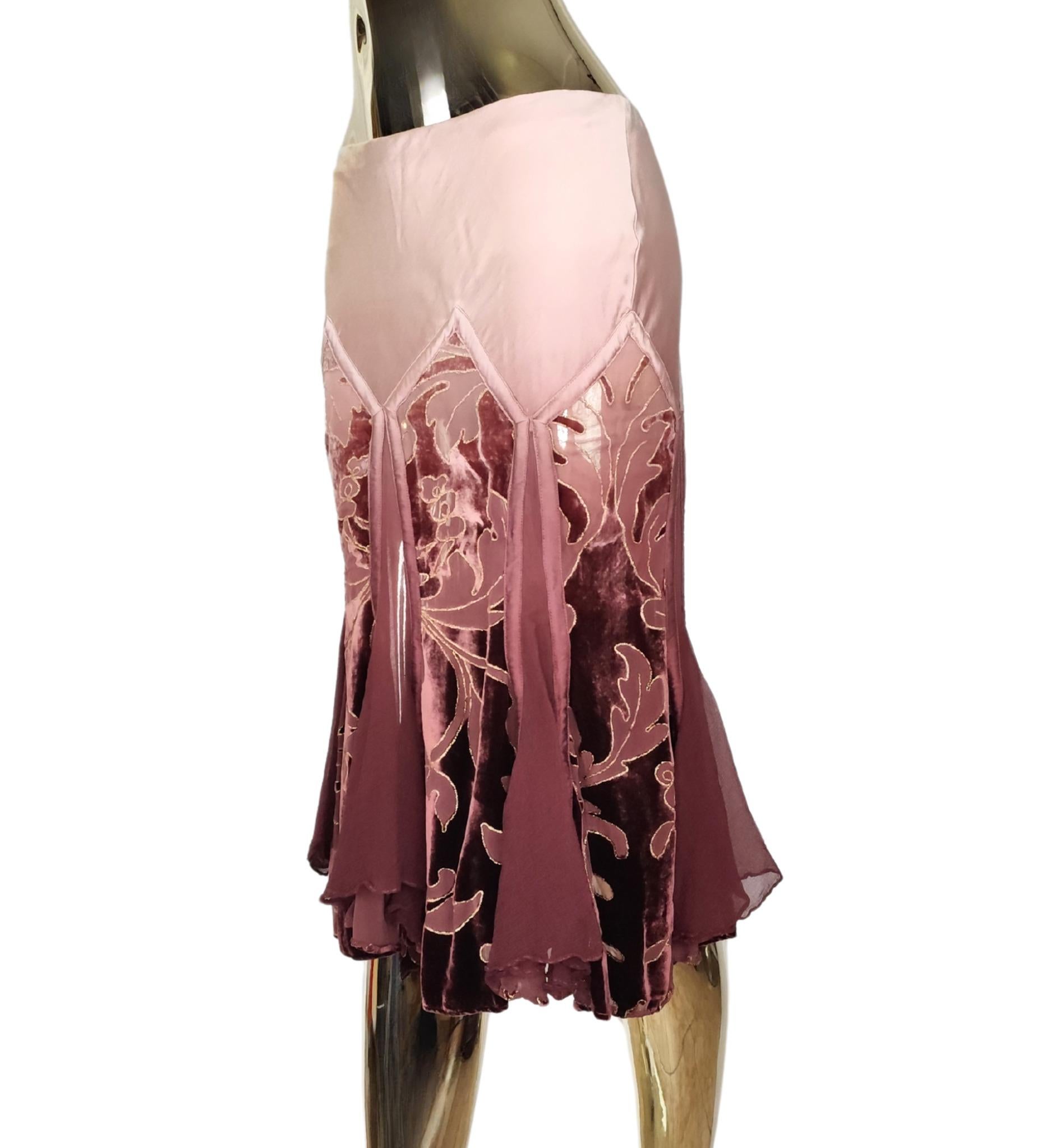 Women's Roberto Cavalli F/W 2004 pink silk and velvet embroidered skirt