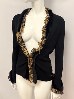 Roberto Cavalli F/W 2005 Black knit cardigan with mink fur & leopard silk trim