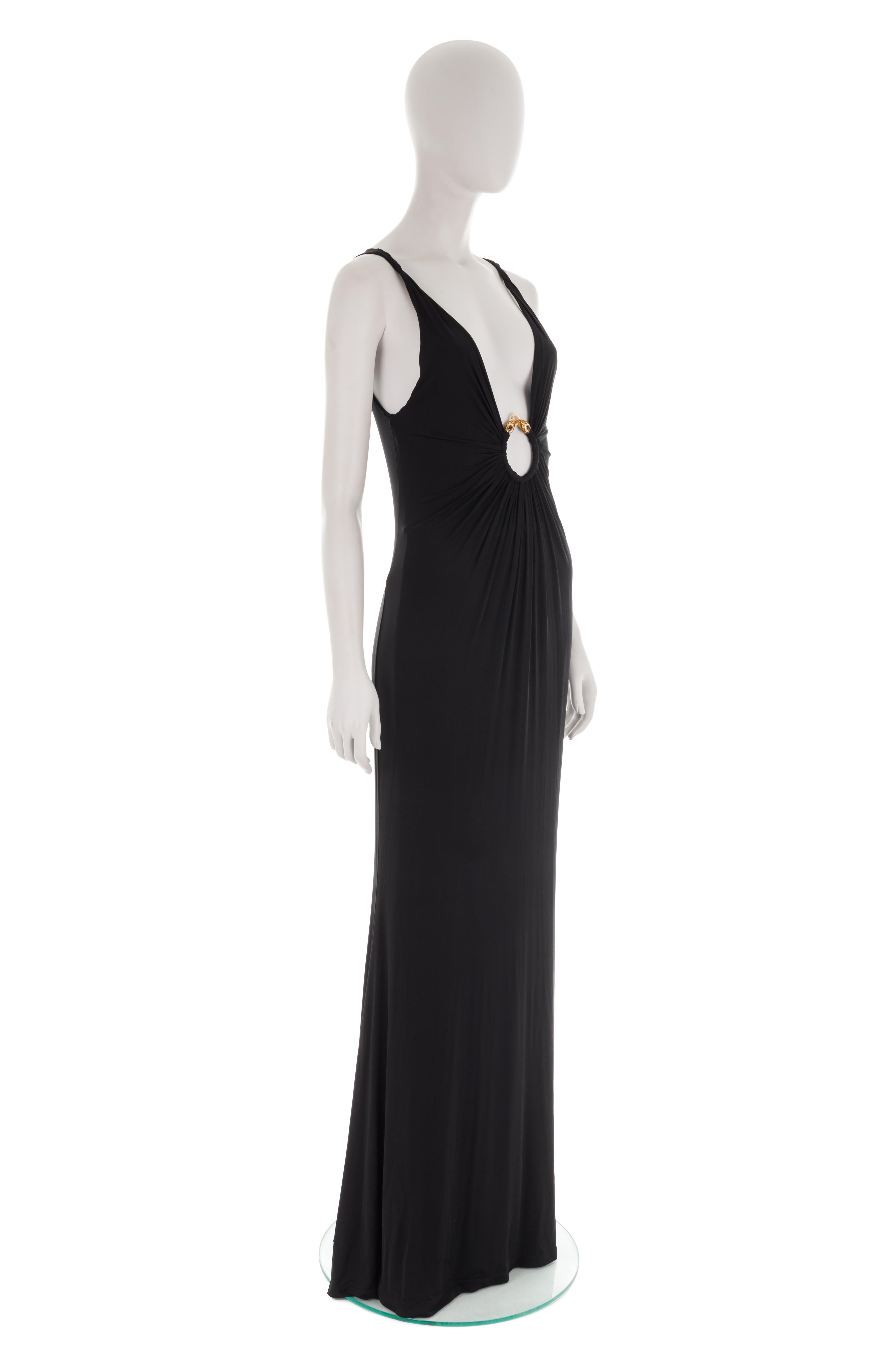 Women's or Men's Roberto Cavalli F/W 2005 black plunging dress with gold snake ring For Sale