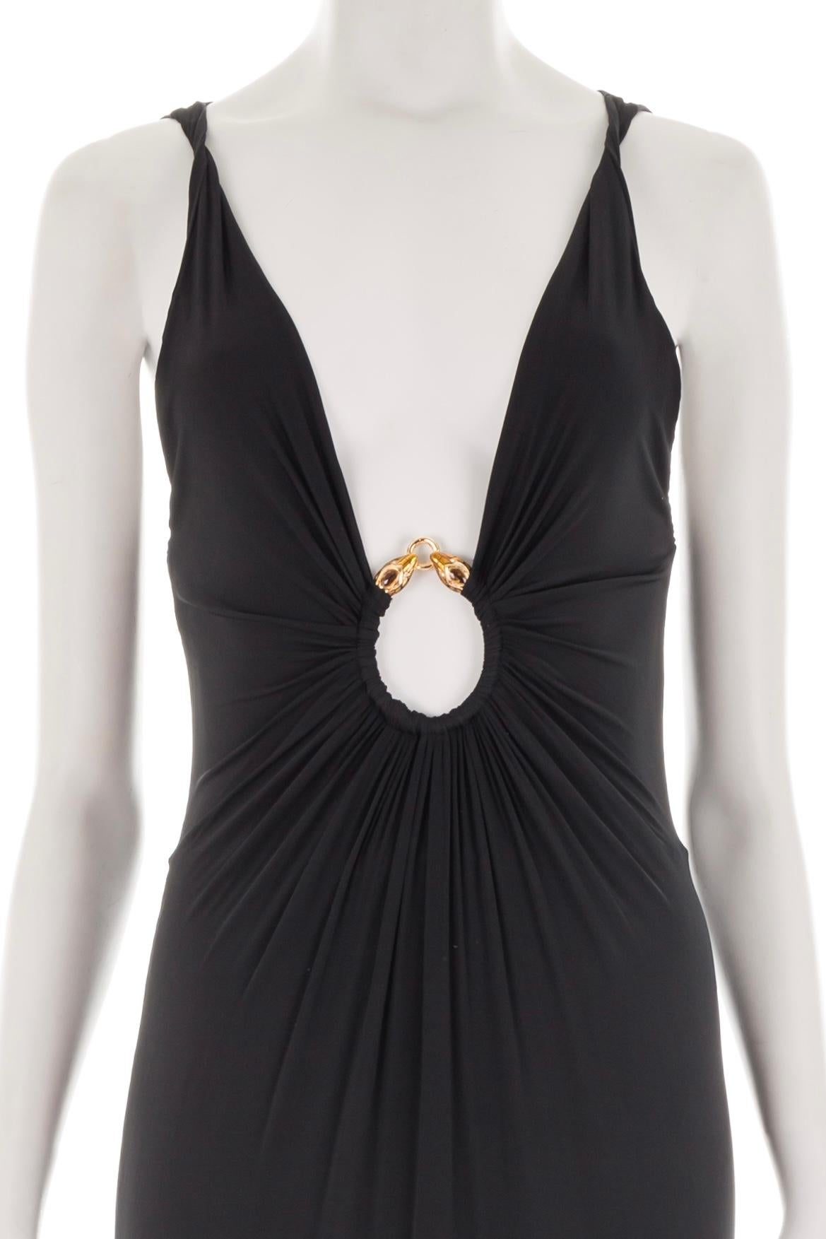 Roberto Cavalli F/W 2005 black plunging dress with gold snake ring In Excellent Condition For Sale In Rome, IT