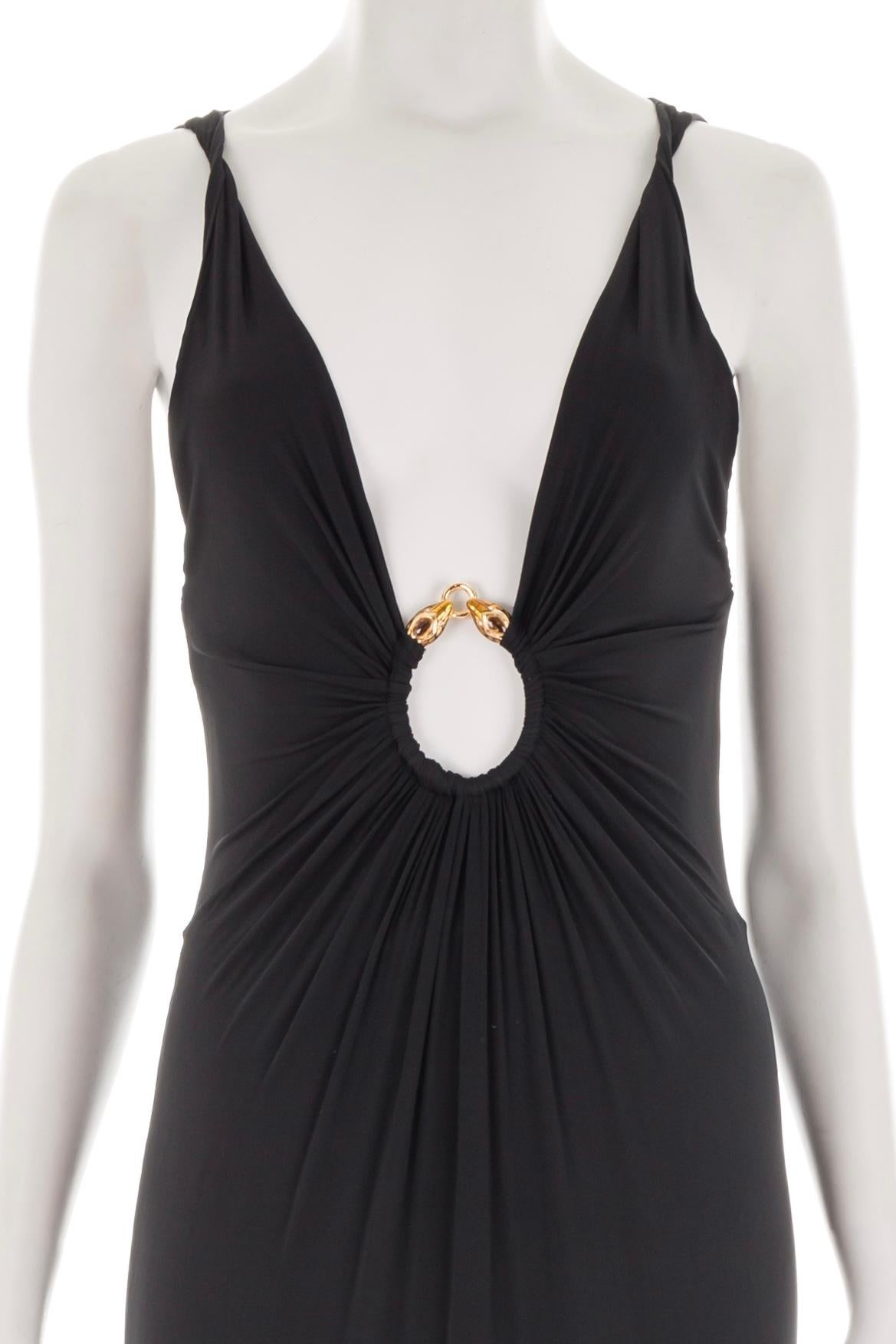 Black Roberto Cavalli F/W 2005 black plunging dress with gold snake ring For Sale