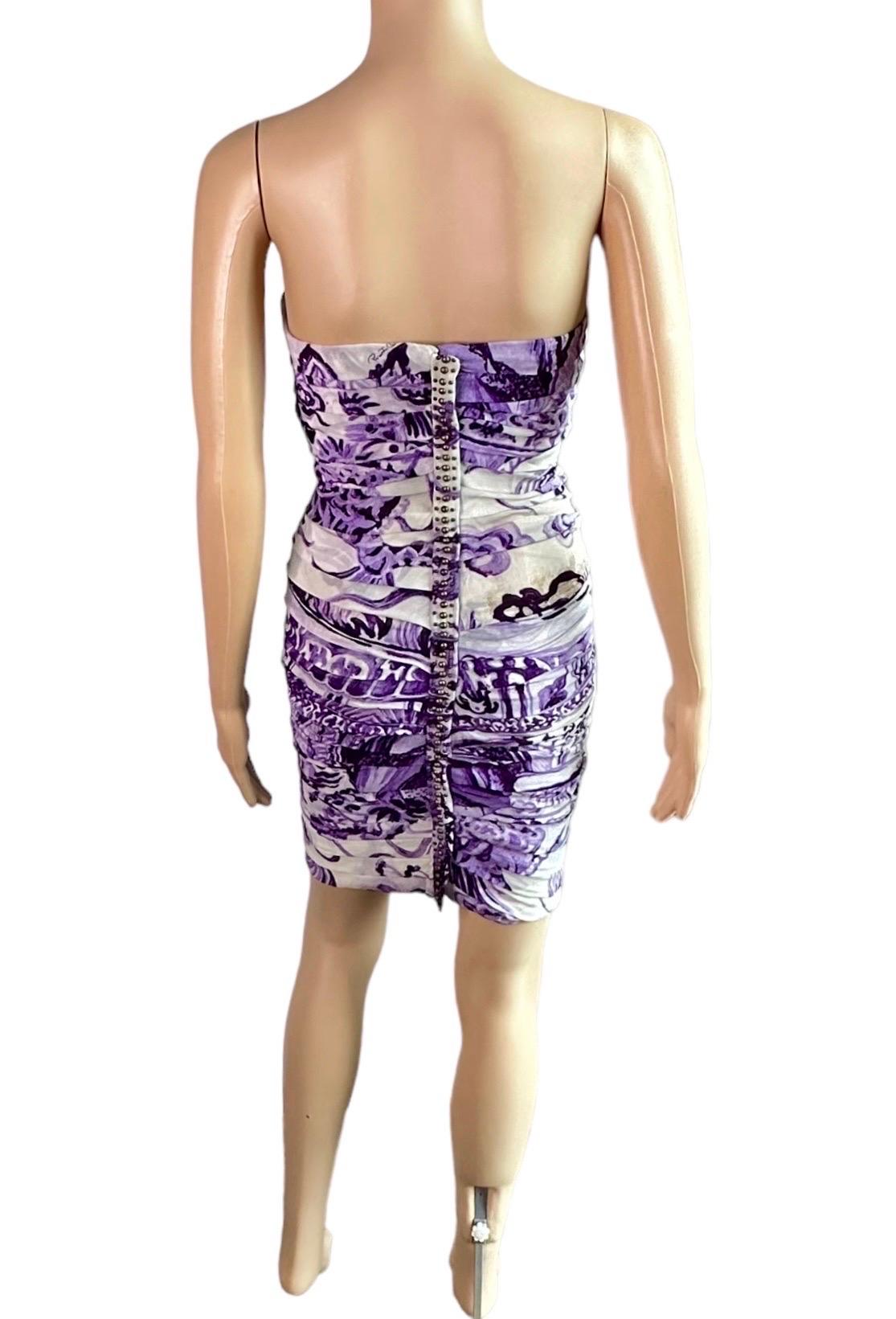 Roberto Cavalli F/W 2005 Chinoiserie Ming Porcelain Corset Studded Ruched Mini Dress IT 44