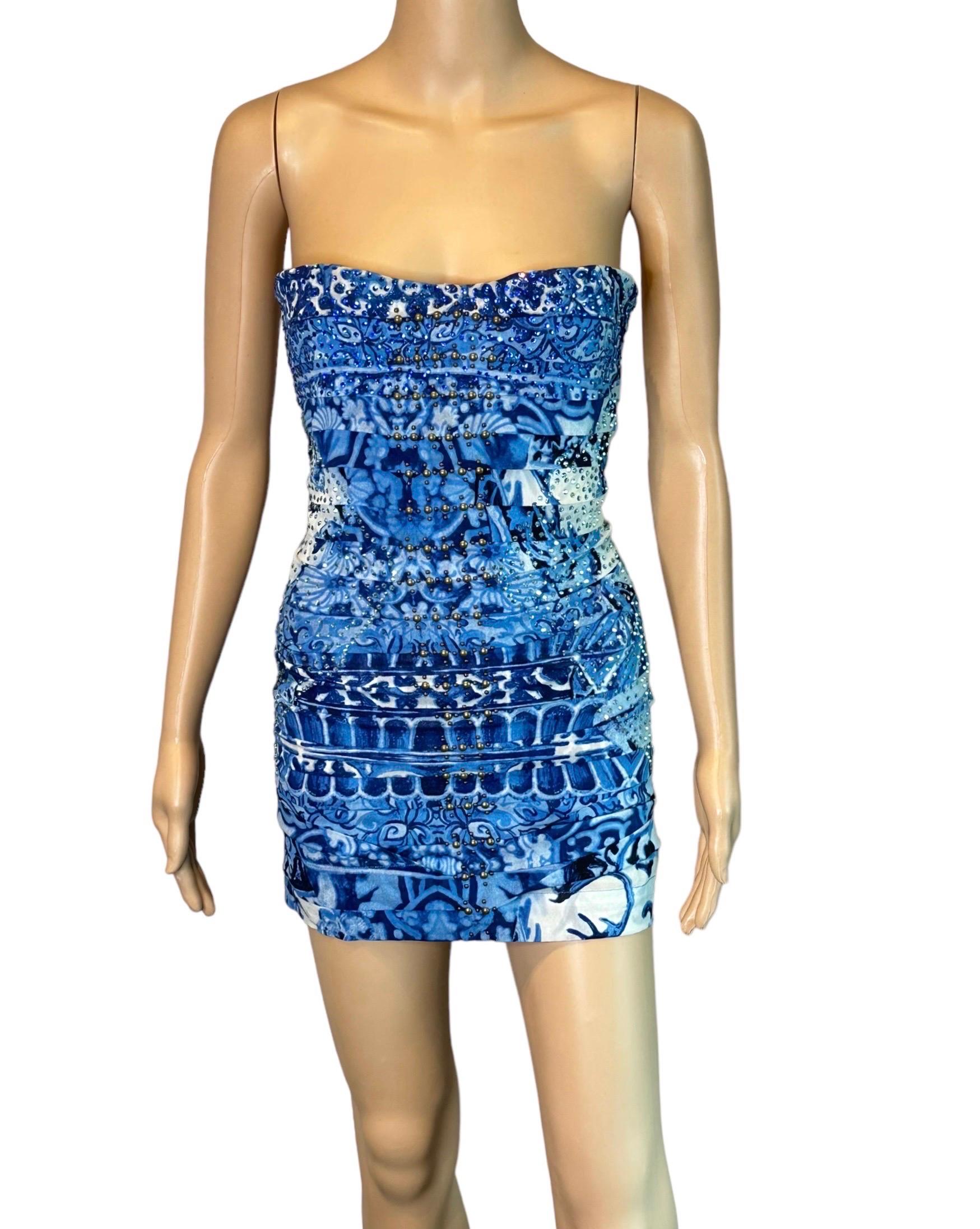 Roberto Cavalli F/W 2005 Crystal Embellished Chinoiserie Ming Porcelain Corset Studded Ruched Mini Dress IT 40