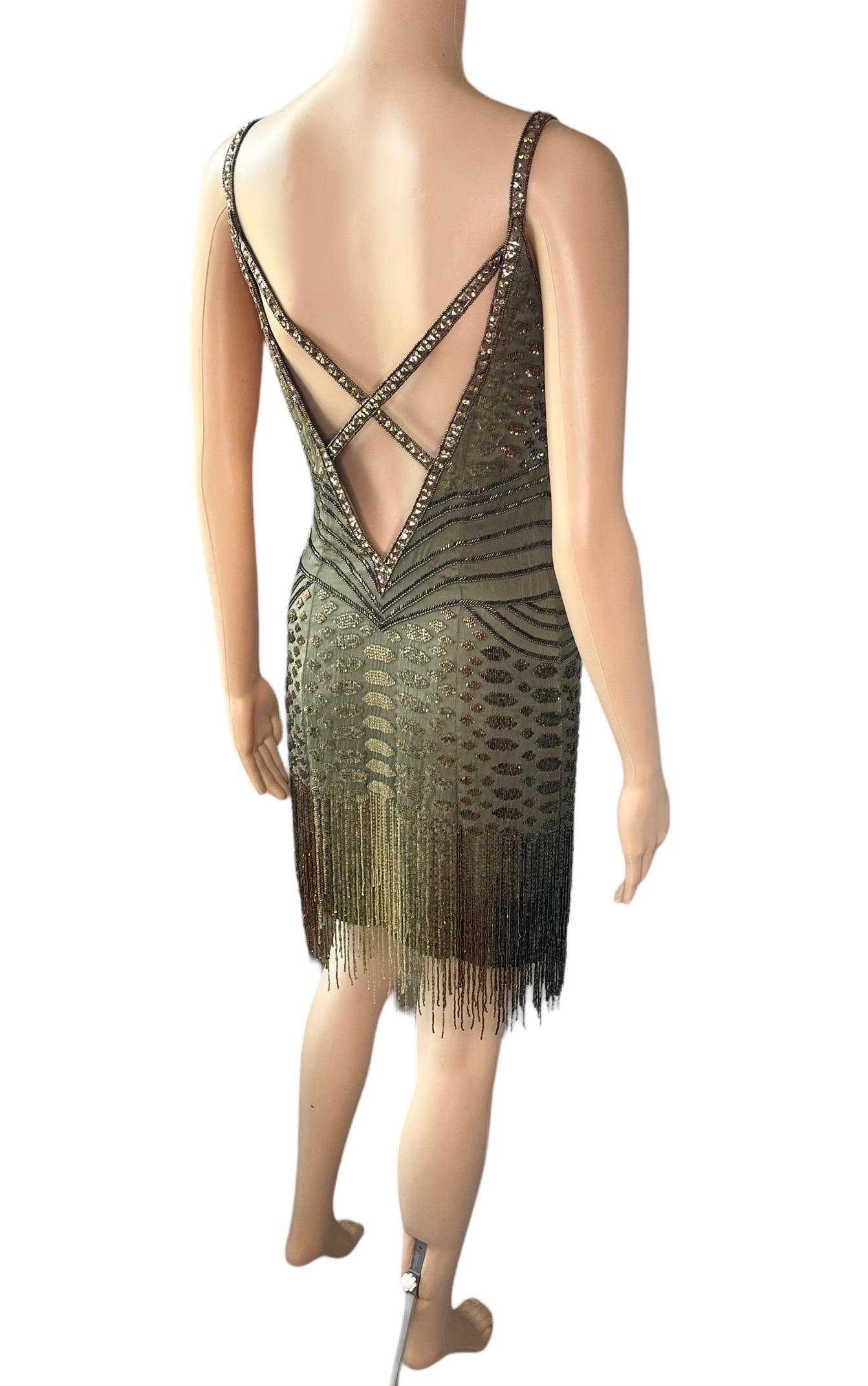 Roberto Cavalli H/W 2006 Verschönertes, perlenbesetztes, Fransenbesetztes Flapper-Minikleid mit offenem Rückenausschnitt im Angebot 6
