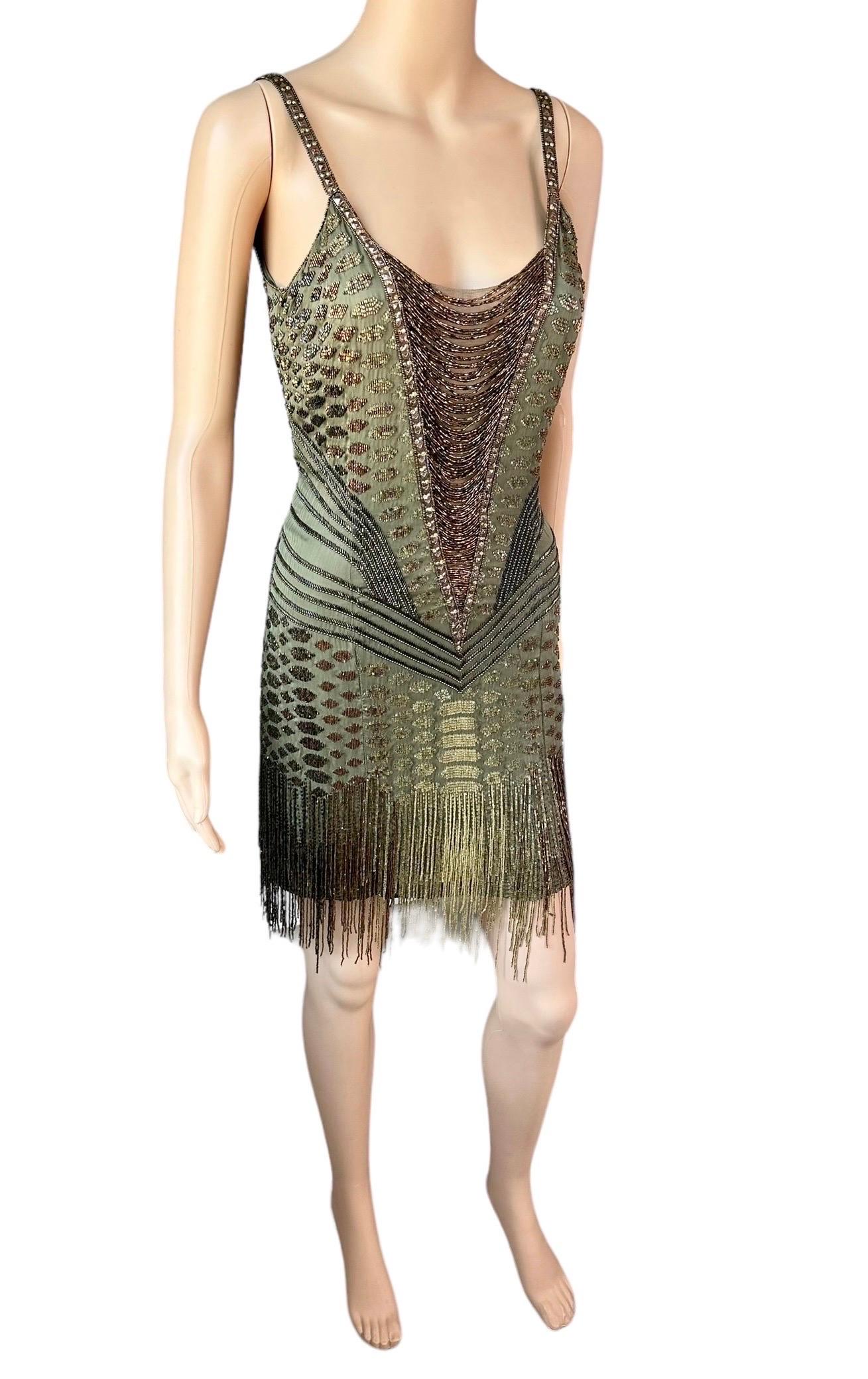 Roberto Cavalli H/W 2006 Verschönertes, perlenbesetztes, Fransenbesetztes Flapper-Minikleid mit offenem Rückenausschnitt Damen im Angebot