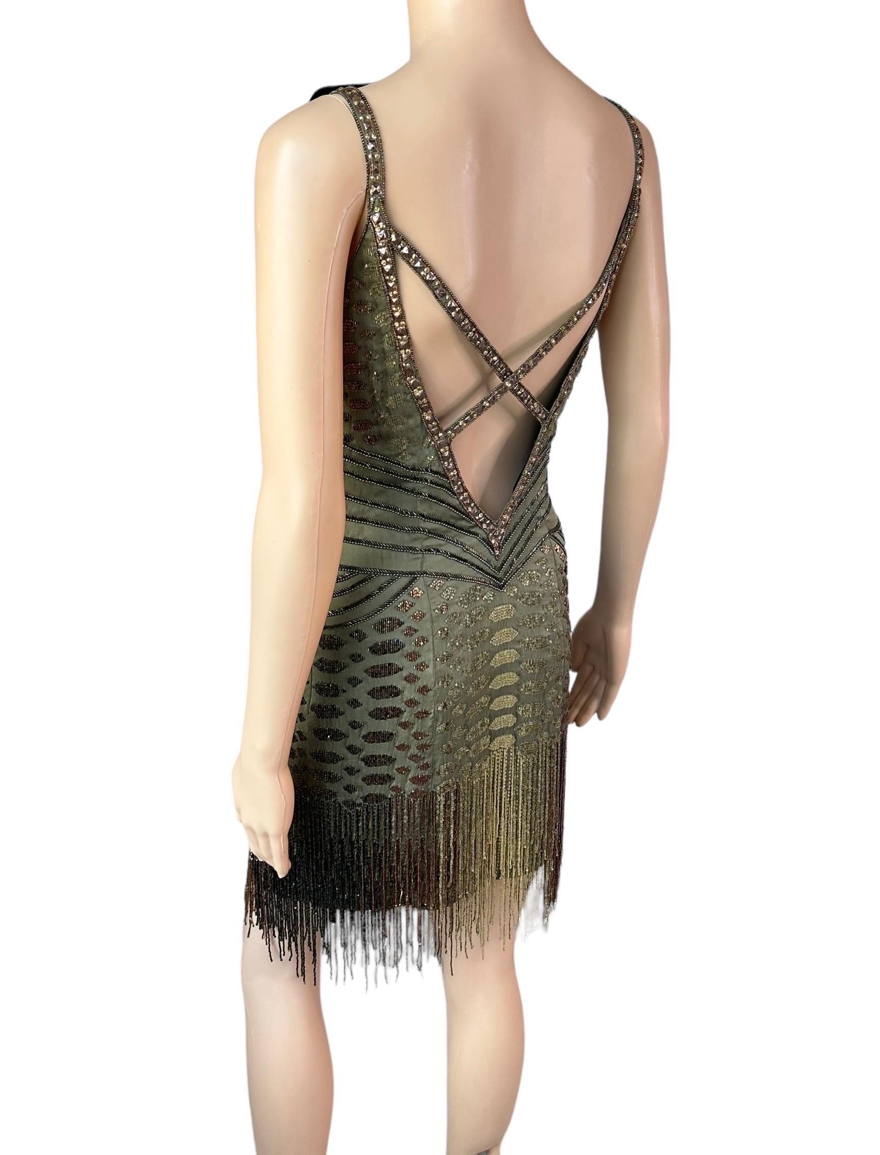 Roberto Cavalli H/W 2006 Verschönertes, perlenbesetztes, Fransenbesetztes Flapper-Minikleid mit offenem Rückenausschnitt im Angebot 2