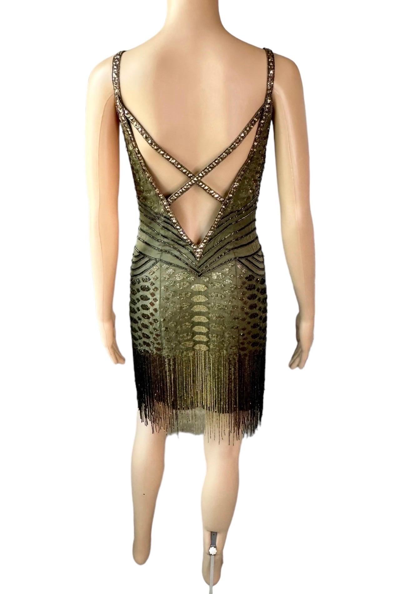 Roberto Cavalli H/W 2006 Verschönertes, perlenbesetztes, Fransenbesetztes Flapper-Minikleid mit offenem Rückenausschnitt im Angebot 3