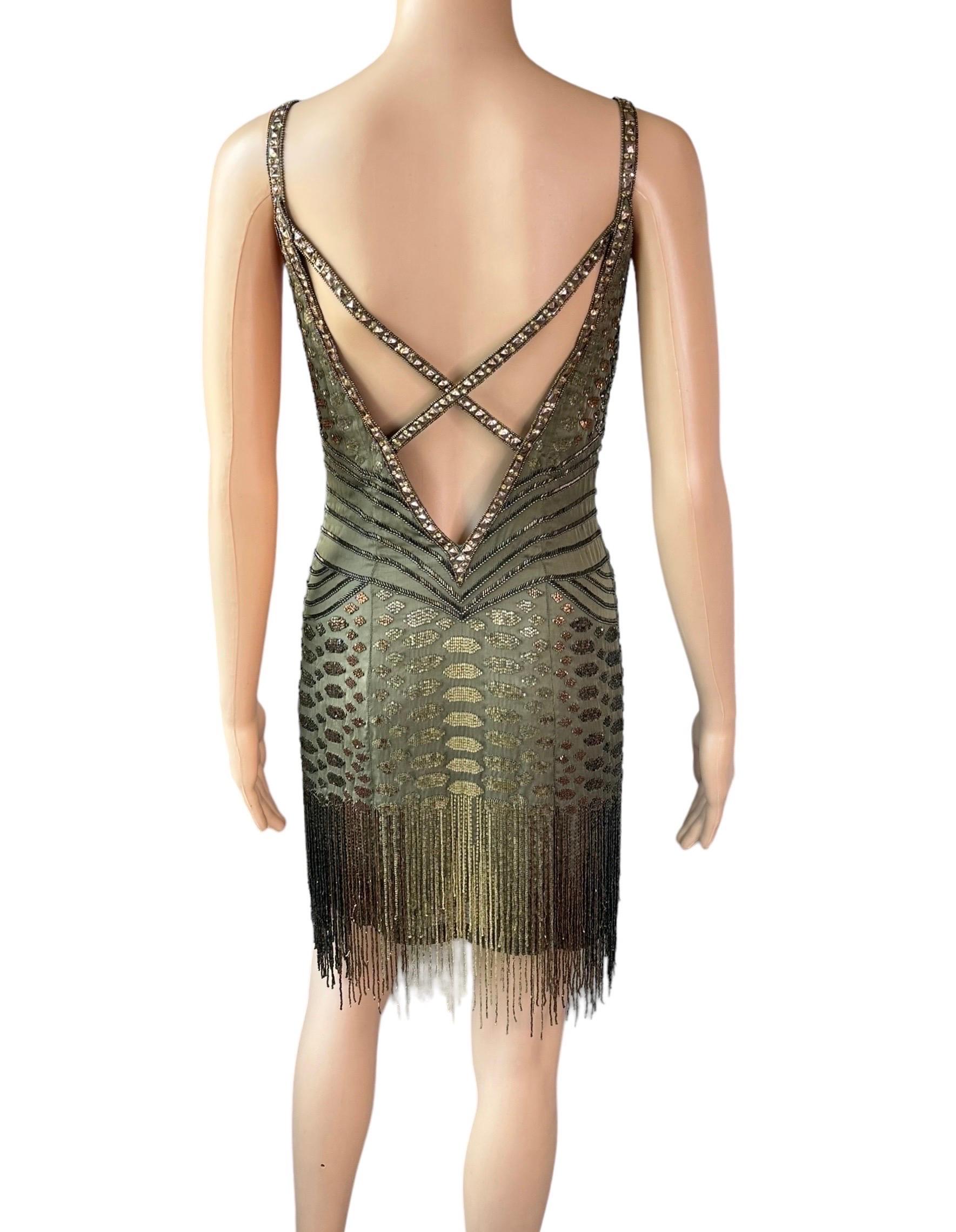 Roberto Cavalli H/W 2006 Verschönertes, perlenbesetztes, Fransenbesetztes Flapper-Minikleid mit offenem Rückenausschnitt im Angebot 4