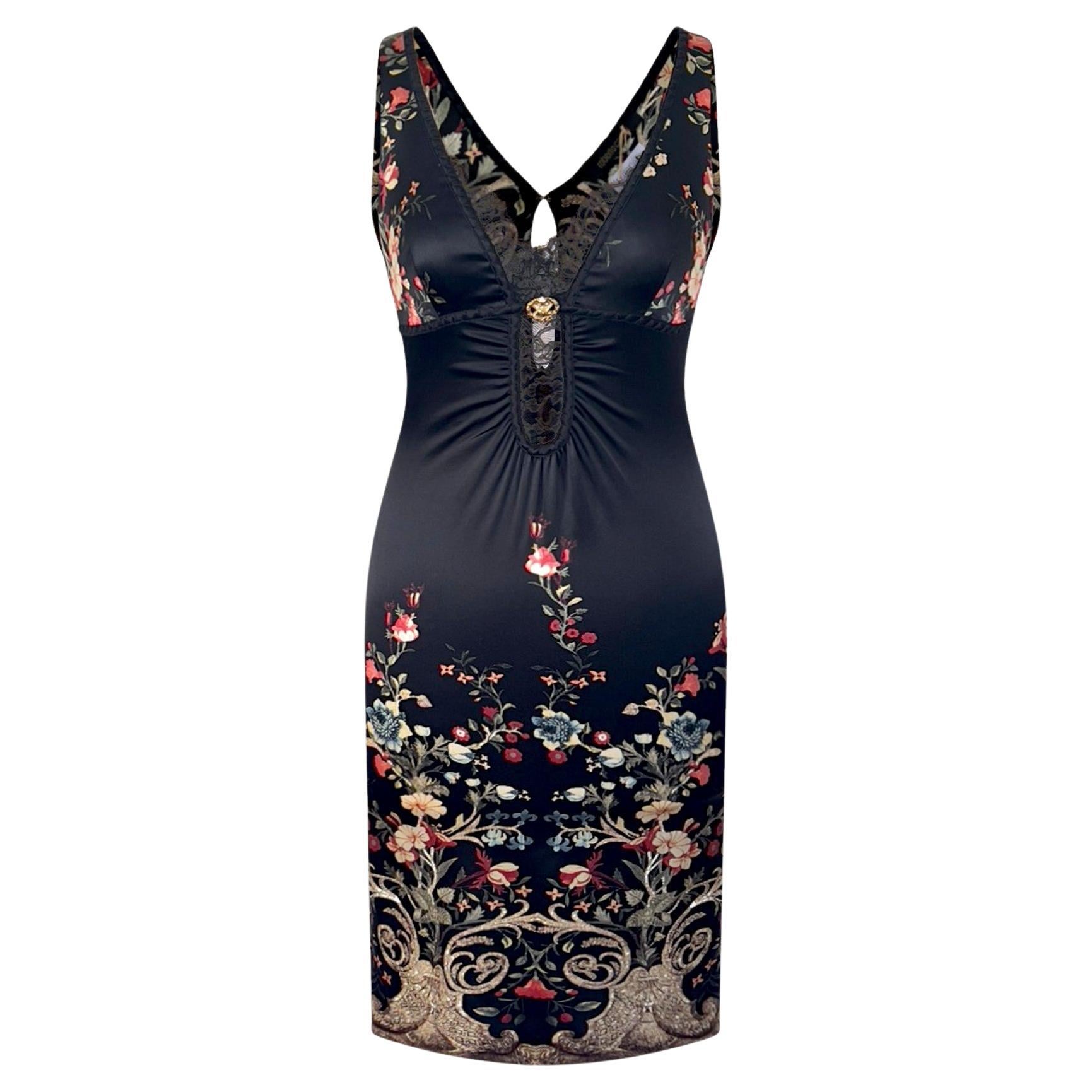 Roberto Cavalli F/W 2006 Floral Black Silk Bodycon Dress