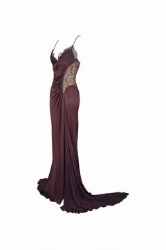 ROBERTO CAVALLI F/w 2006 Plum Lace Side Panel Ruched Gown NWT