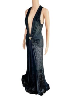 Roberto Cavalli F/W 2006 Plunging Neckline Embellished Velvet Evening Dress Gown