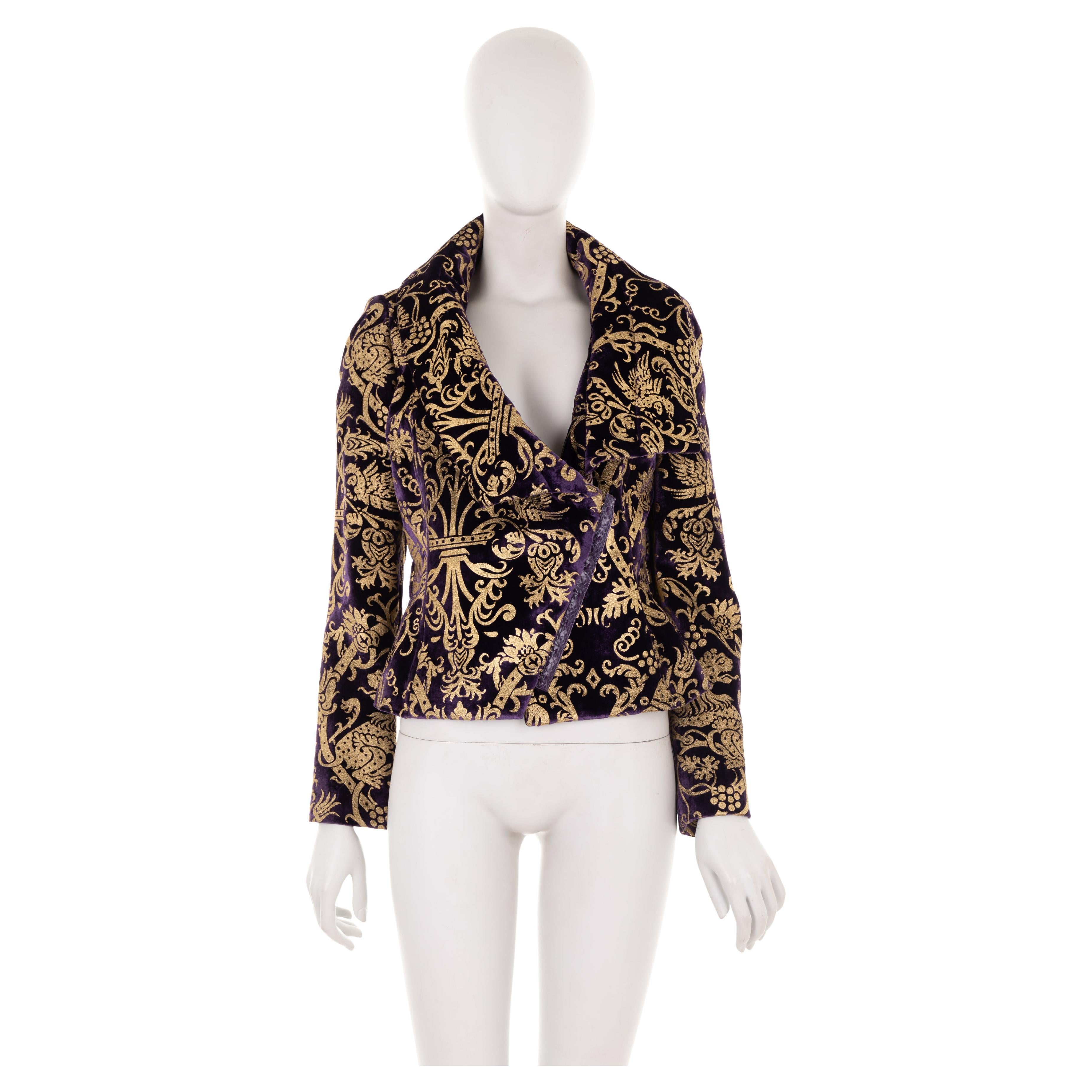 Roberto Cavalli F/W 2006 purple velvet jacket with gold baroque motif For Sale