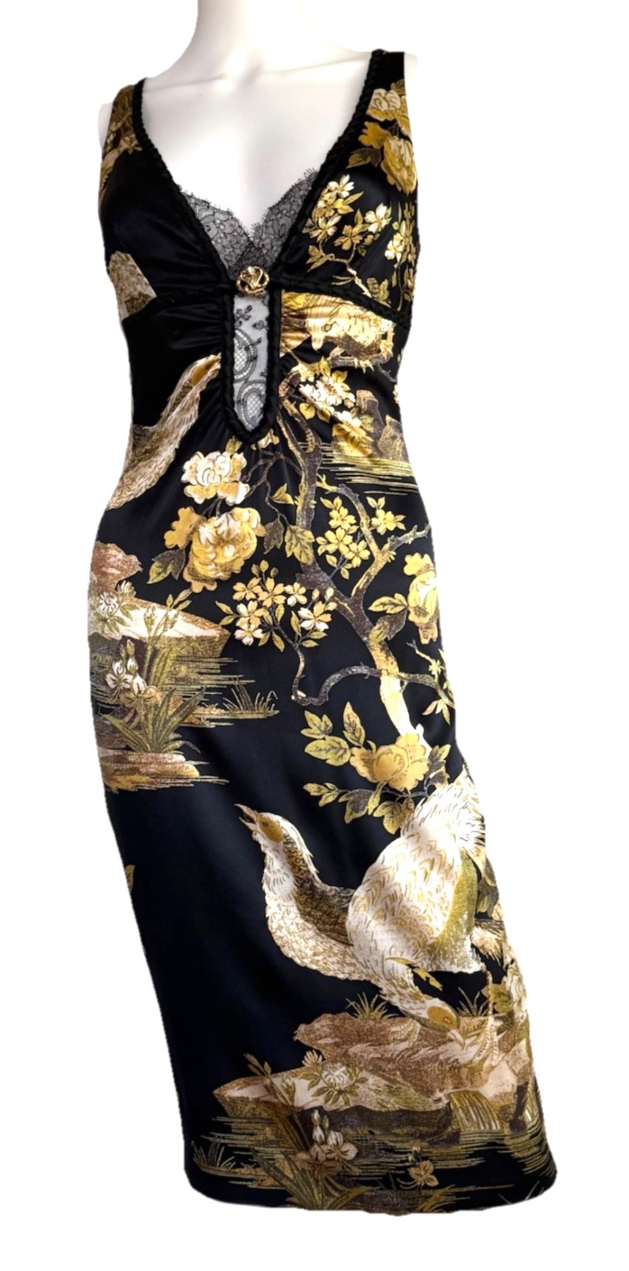 Black ROBERTO CAVALLI F/W 2006 Runway Bird & Floral Print Stretch Silk Midi Dress For Sale
