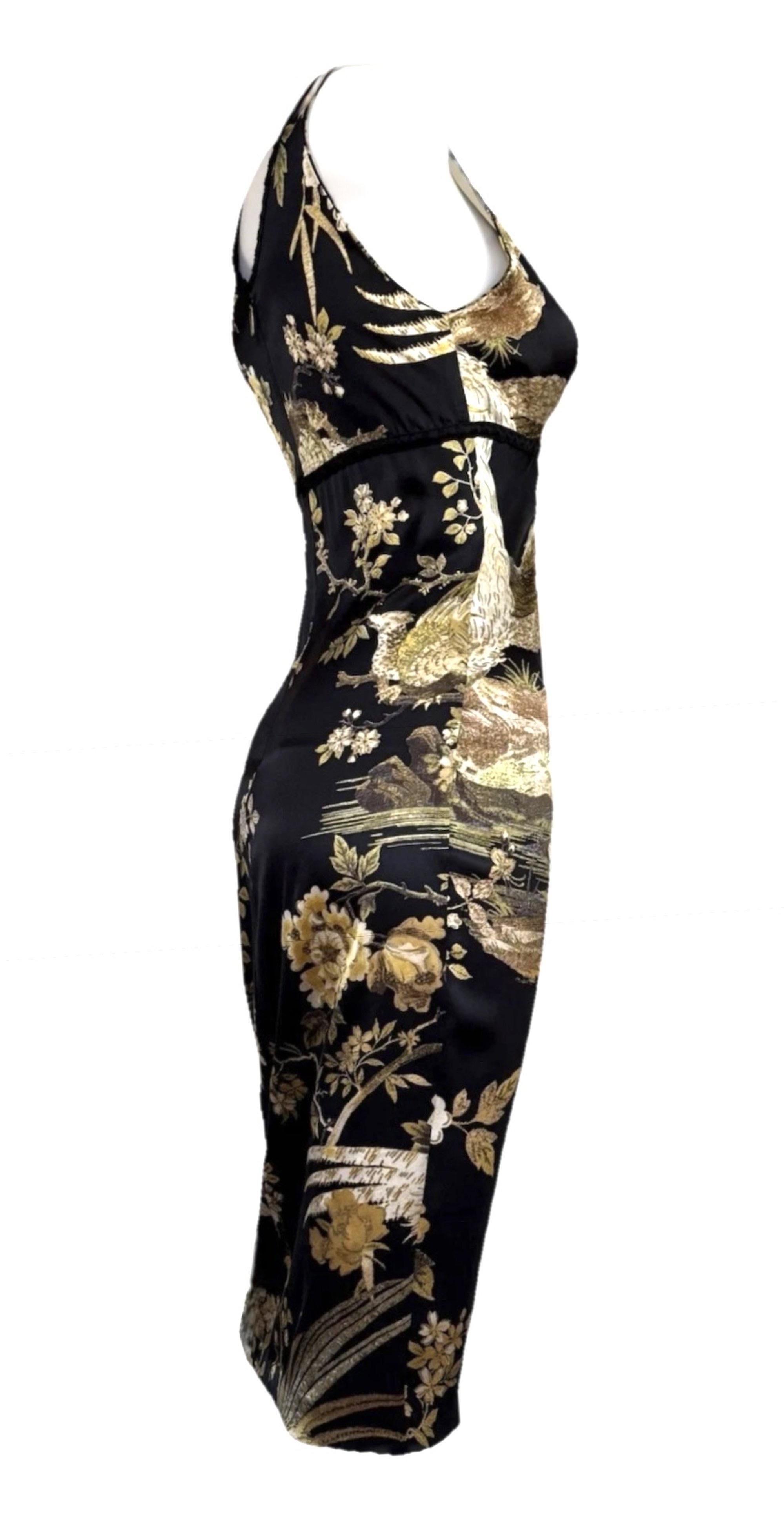 Women's ROBERTO CAVALLI F/W 2006 Runway Bird & Floral Print Stretch Silk Midi Dress For Sale
