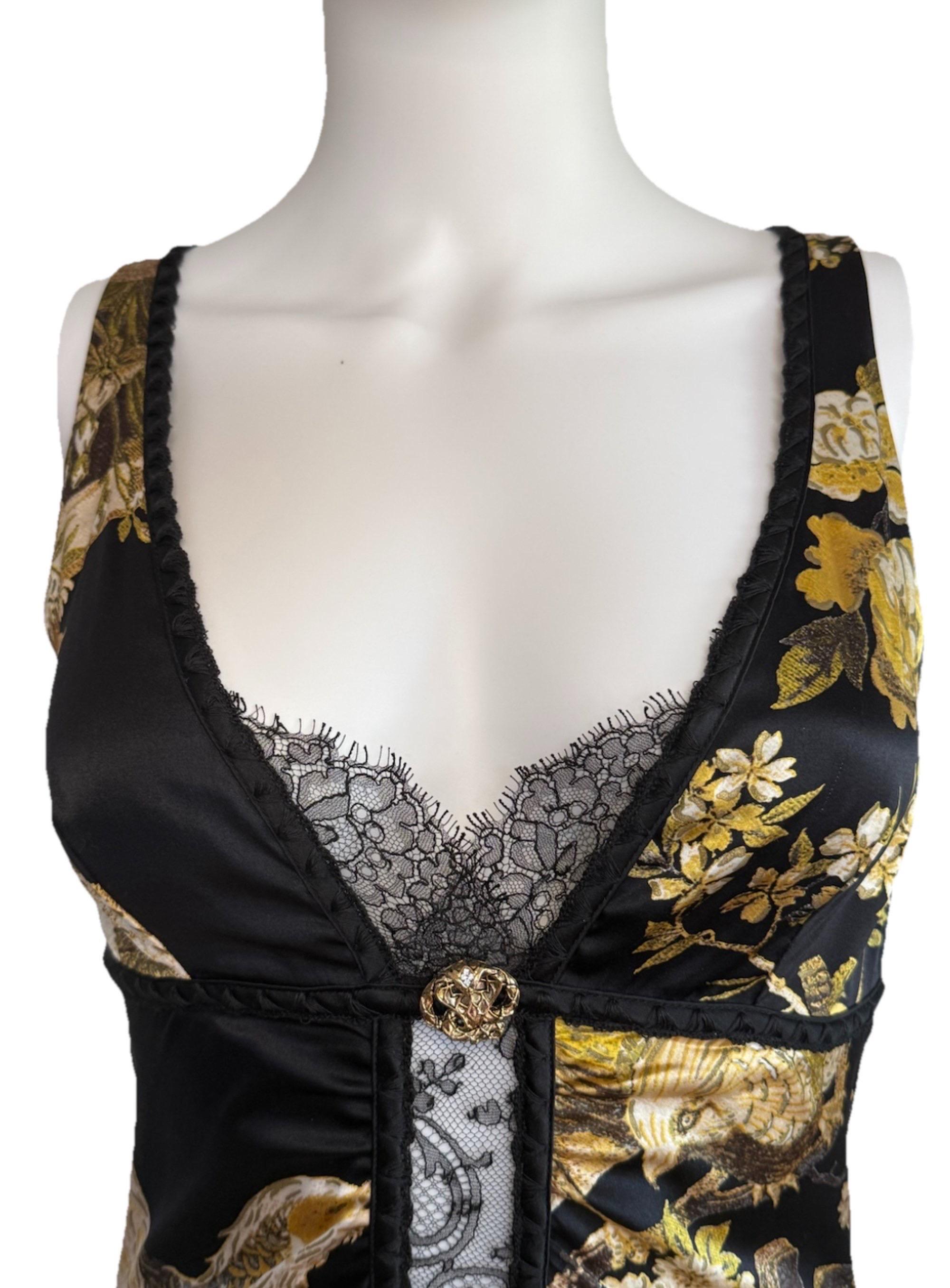 ROBERTO CAVALLI F/W 2006 Runway Bird & Floral Print Stretch Silk Midi Dress For Sale 3