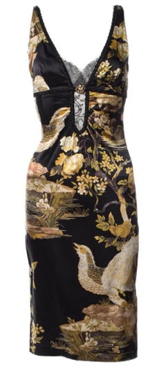ROBERTO CAVALLI F/W 2006 Laufsteg Vogel- und Blumendruck Midikleid aus Stretch-Seide