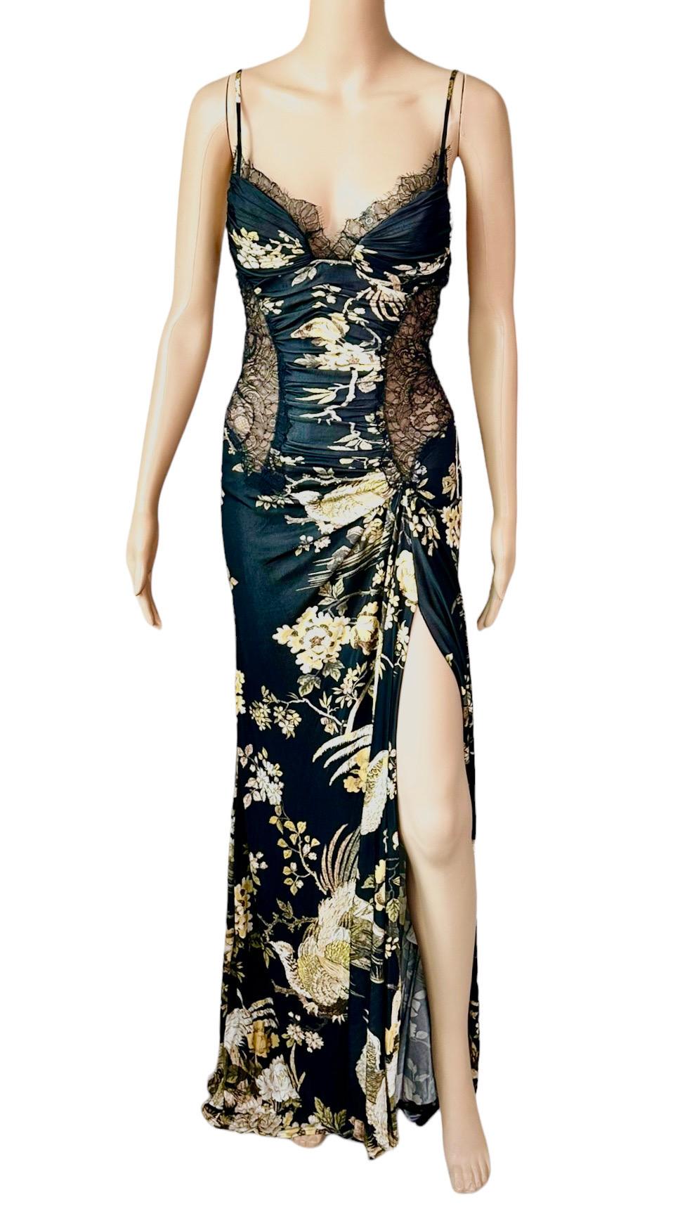 Roberto Cavalli F/W 2006 Unworn Bustier Sheer Lace Panels Floral Print Evening Dress Gown IT 42