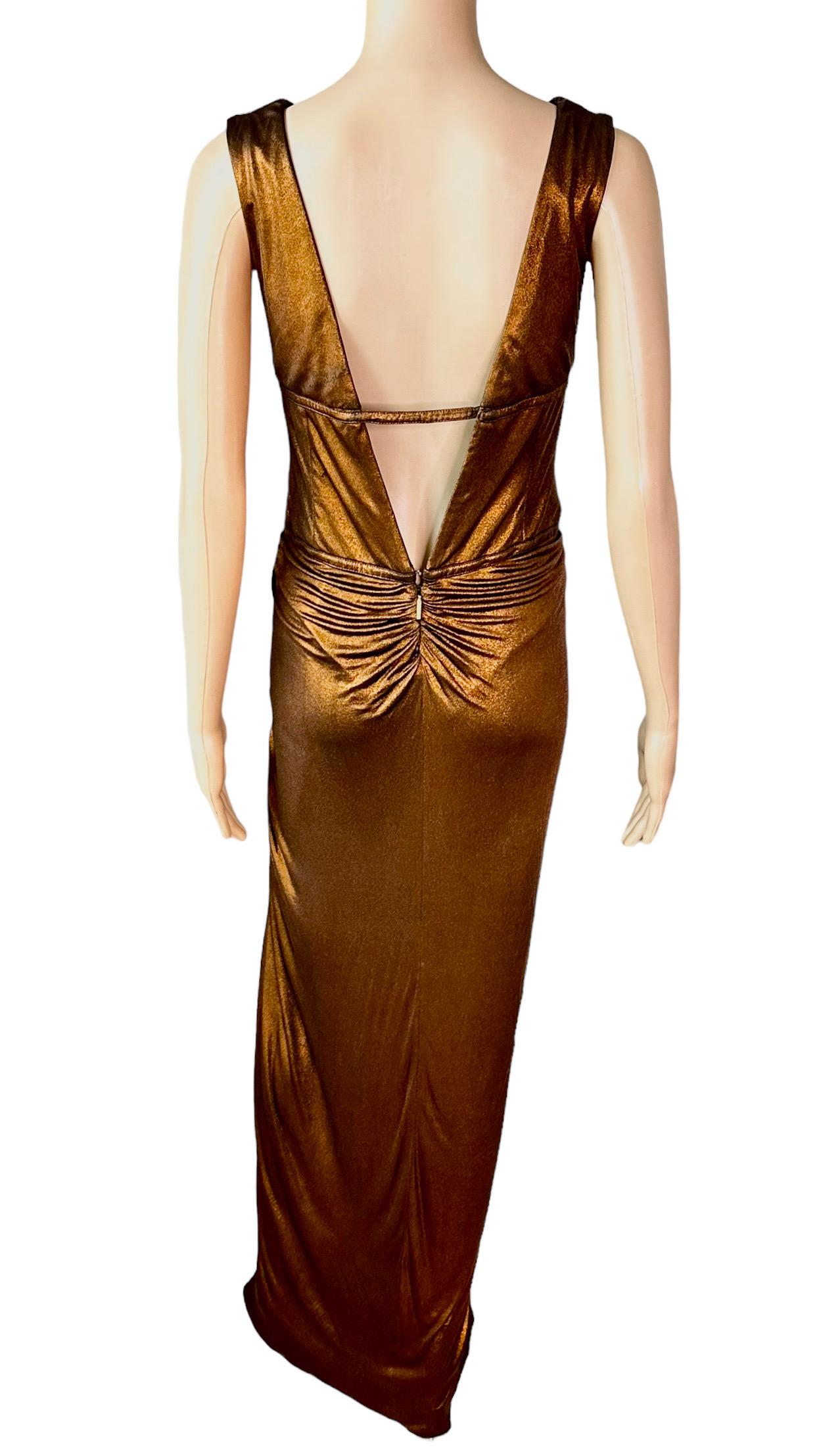 Women's Roberto Cavalli F/W 2007 Metallic Plunging Neckline Open Back Evening Dress Gown For Sale