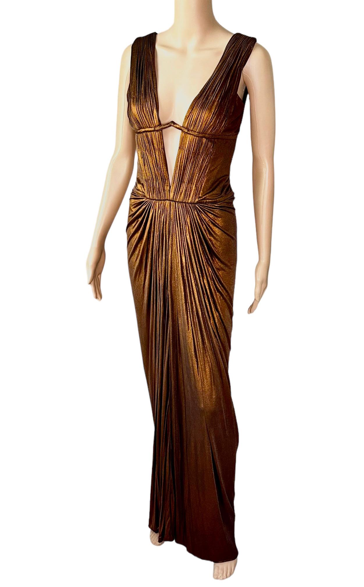 Roberto Cavalli F/W 2007 Metallic Plunging Neckline Open Back Evening Dress Gown For Sale 1
