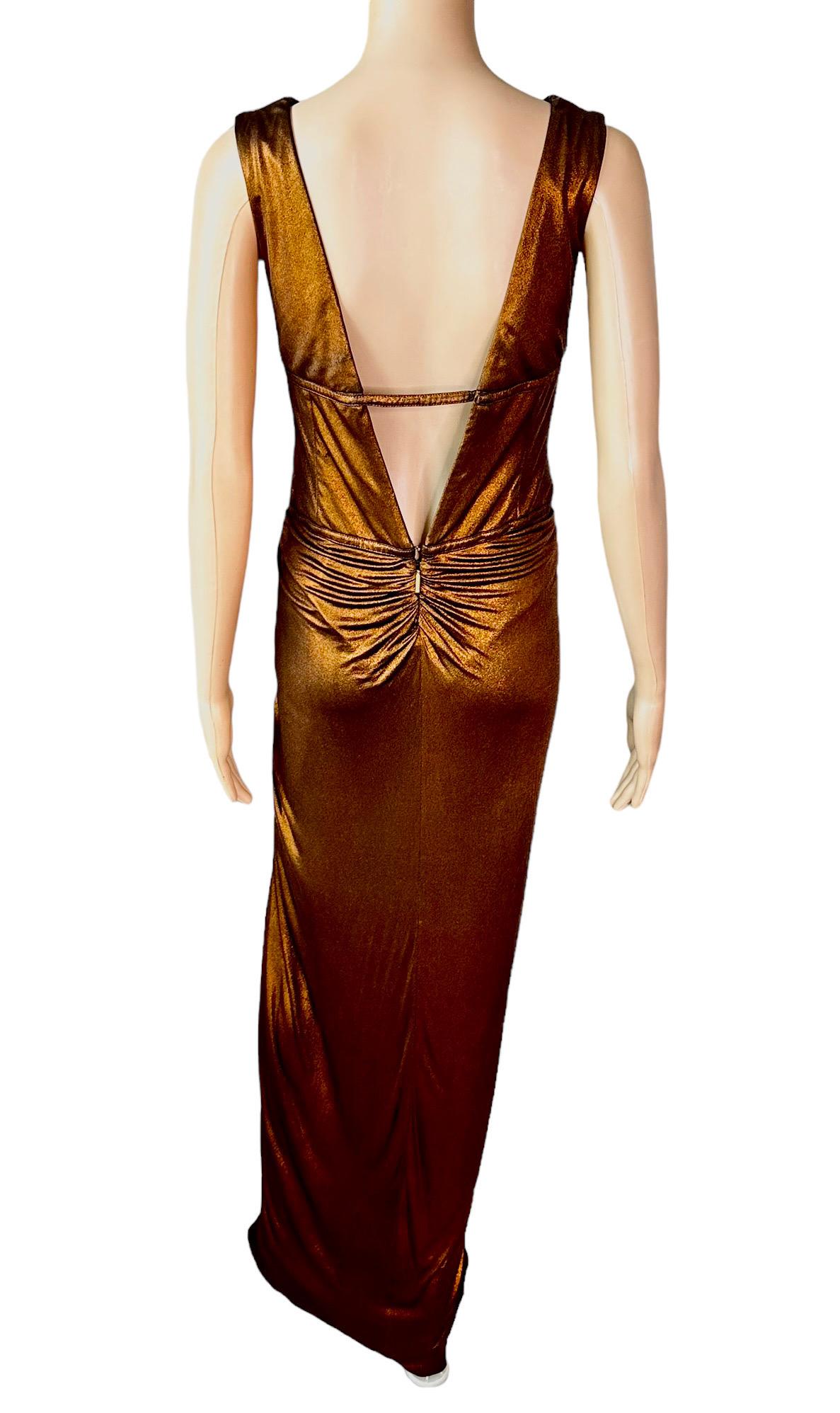 Roberto Cavalli F/W 2007 Metallic Plunging Neckline Open Back Evening Dress Gown For Sale 4