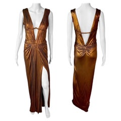 Roberto Cavalli F/W 2007 Metallic Plunging Neckline Open Back Evening Dress Gown