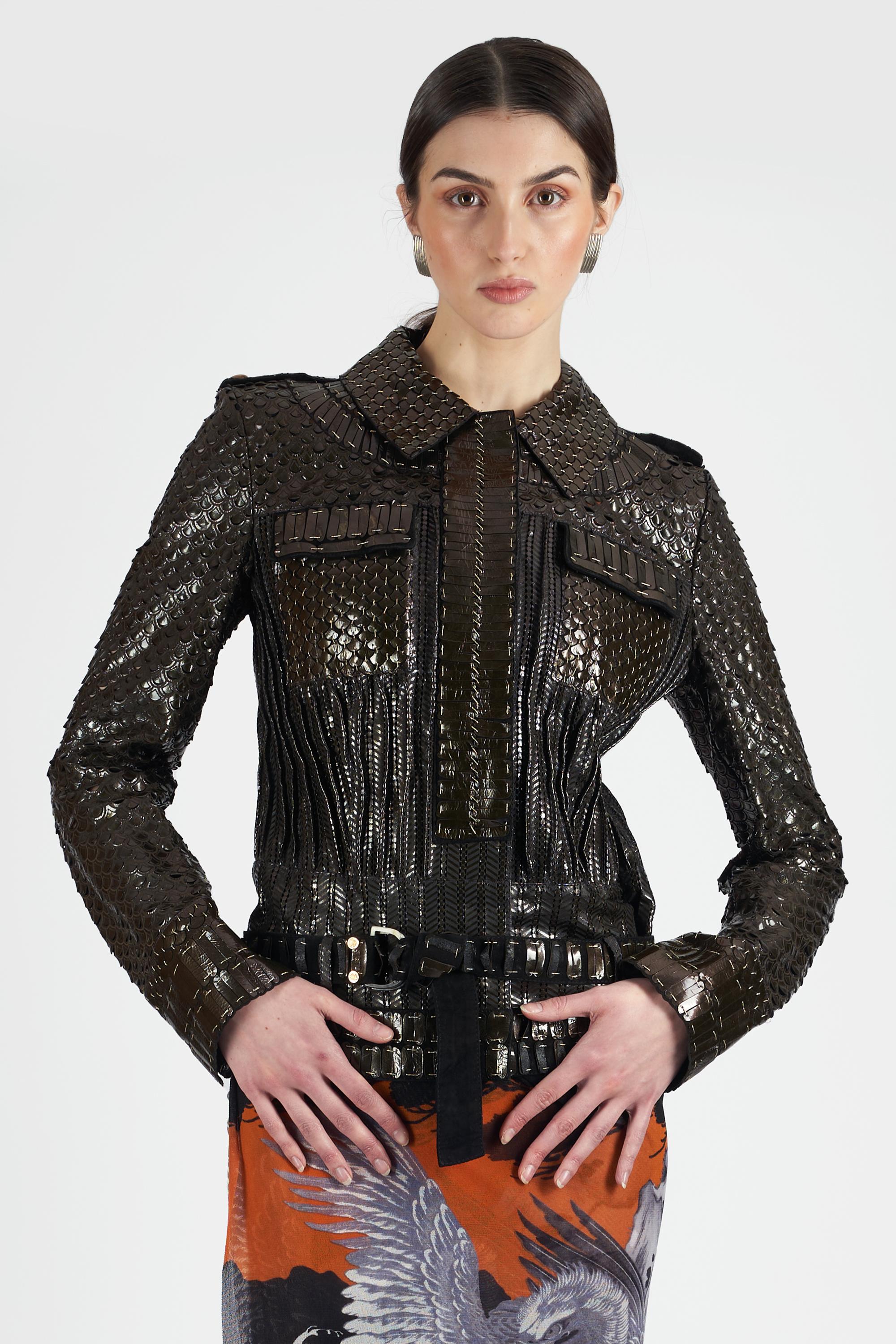Roberto Cavalli Fall Winter 2007 brown and black jacket. Features textured snakeskin leather, popper fastening and belt. In excellent vintage condition.

Brand: Roberto Cavalli
Size: UK 8
Color: Multi
Label size: 42 IT
Modern size: UK: 8 to 10, US: