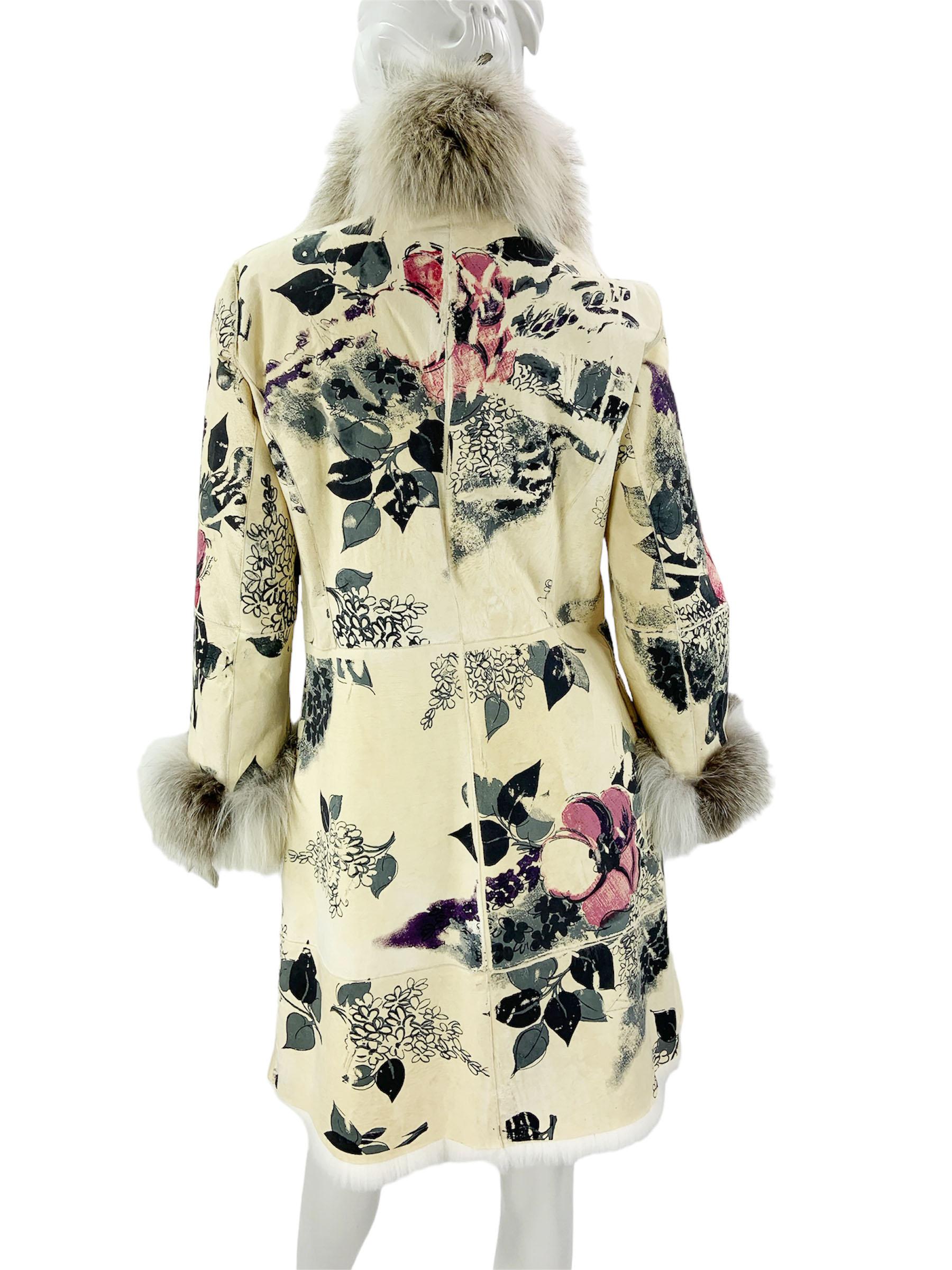 Brown Roberto Cavalli F/W 2008 Shearling Hand Painted Fur Lined Coat Italian 40 NEW For Sale