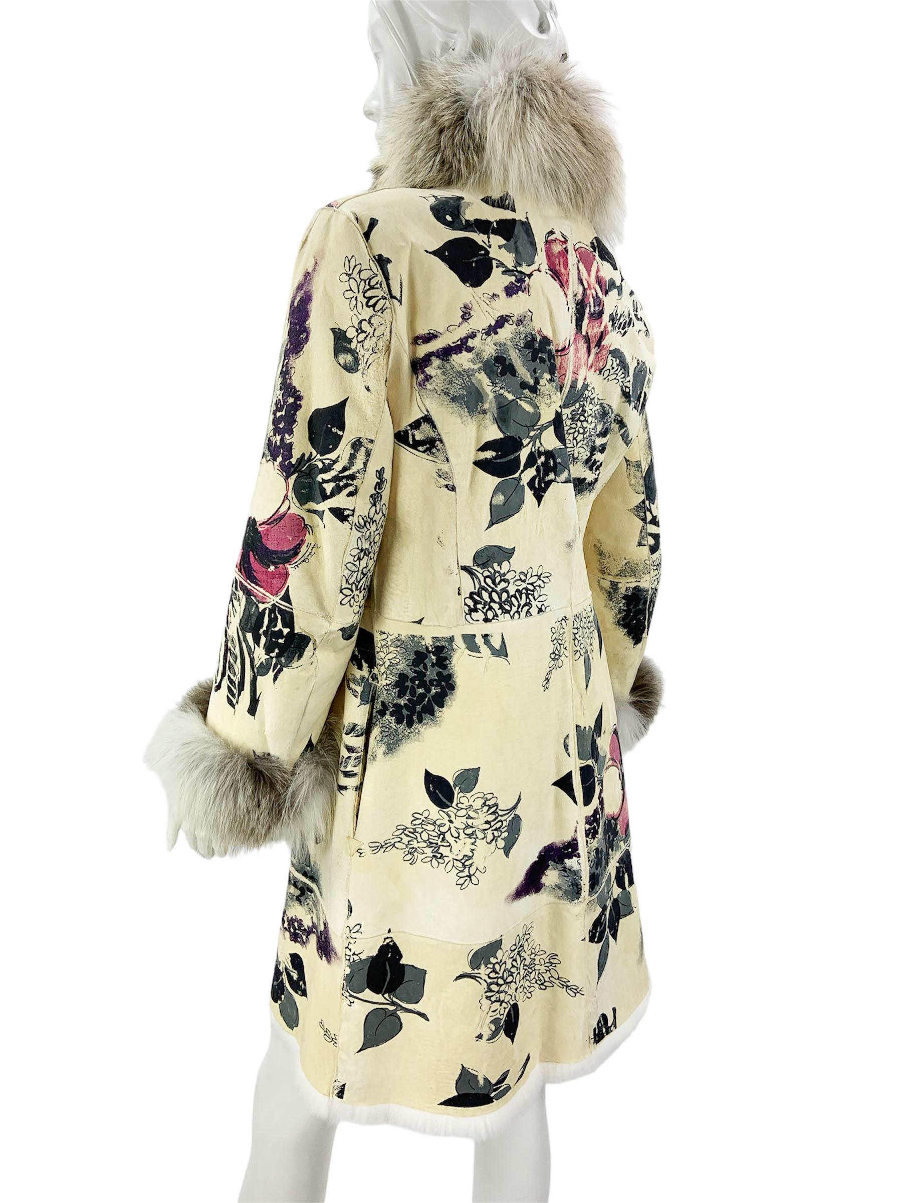 Women's Roberto Cavalli F/W 2008 Shearling Hand Painted Fur Lined Coat Italian 40 NEW For Sale